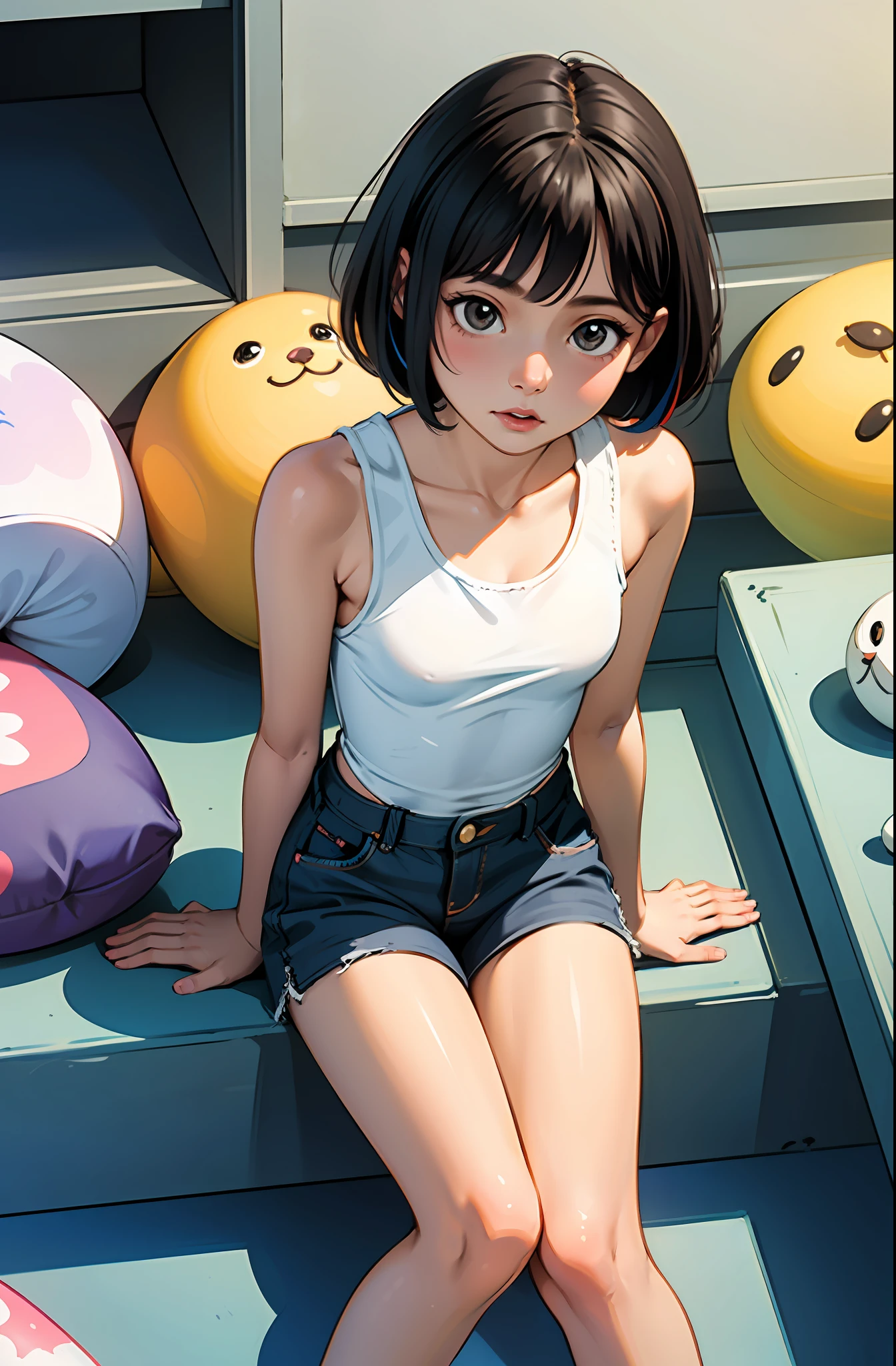 (masterpiece, best quality), (colorful:1.4), from above, solo, Dora the explorer sitting on the ground of a store with lots of stuffed animals on the shelves, depth of field,full head, tank top,cute,hot pants