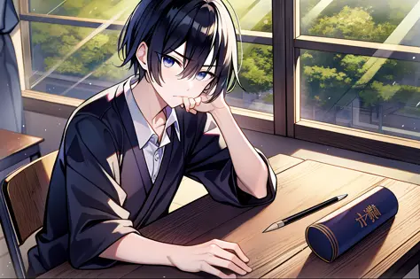 A melancholy and handsome male protagonist，17-year-old Japanese anime character。Black hair and eyes，Empty and sharp eyes look ah...
