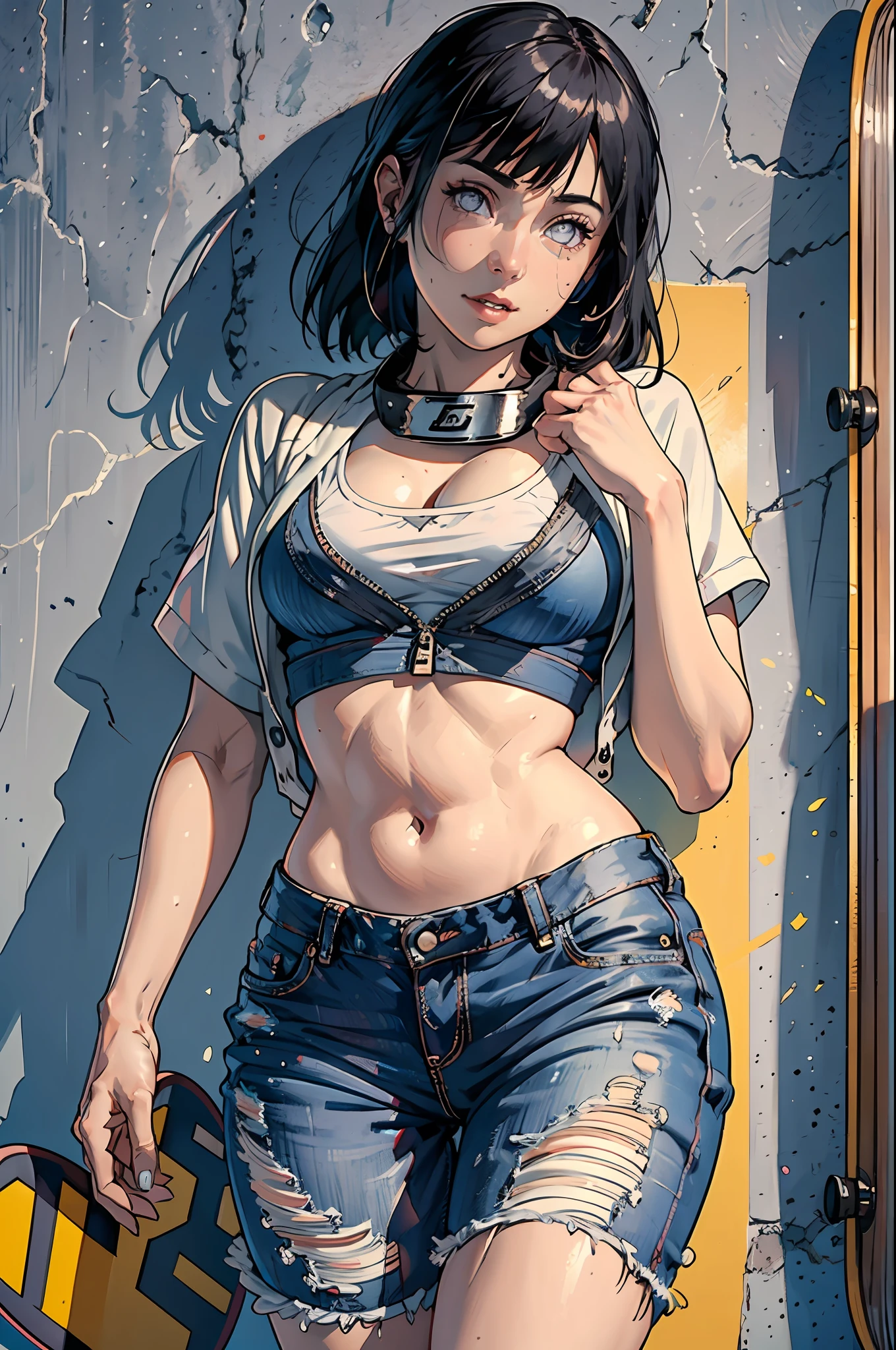 Hinata Hyuuga, muito sensual, com roupas de skatista, brasileira, rio de janeiro, estilo hip hop, rebolando, bunda grande, pernas grossas, usando um short jeans curto, usando uma mini blusa, umbigo com piercing, tênis Adidas, cabelo grande, com skate na mão, boné reto Ana, Alto-falante atrás, muito realista, extremamente sexy, 8K, 8K extremamente detalhado), (um extremamente delicado e bonito), (obra-prima), (melhor qualidade: 1.0), (ultra alta resolução:1.0)