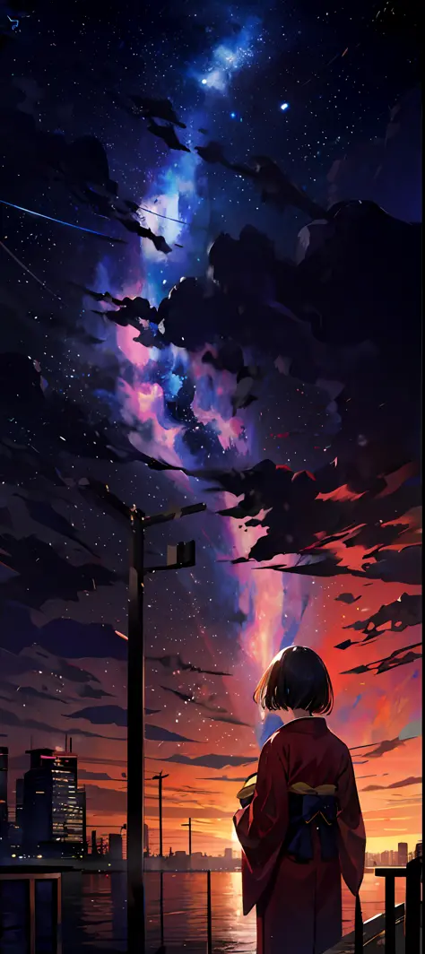 1girl, a distant girl in a kimono staring at the stars, (zoomed out: 1. ...