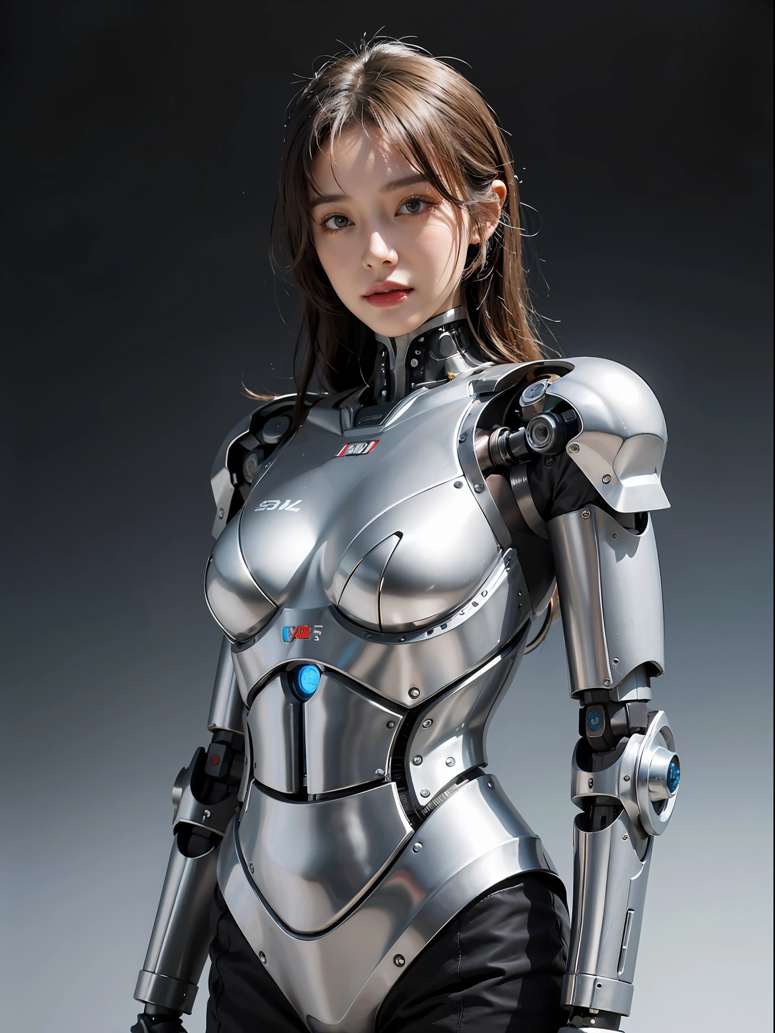 a close up of a woman in a silver suit posing for a picture, female robot, beautiful girl cyborg, girl in mecha cyber armor, cyborg - girl, gynoid cyborg body, Beautiful white girl cyborg, Cyborg girl, Cute cyborg girl, ( ( robot cyborgs ) ), perfect android girl, young lady cyborg, female cyborg