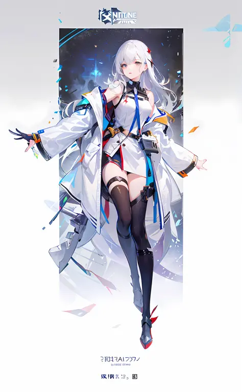 Anime characters with swords and armor on white background, from girls frontline, Long white hair, Sparkle, Masterpiece, Anatomically correct, High quality, Best quality, Highly detailed facial detail，girls frontline style, Fine details. Girl front, azur l...