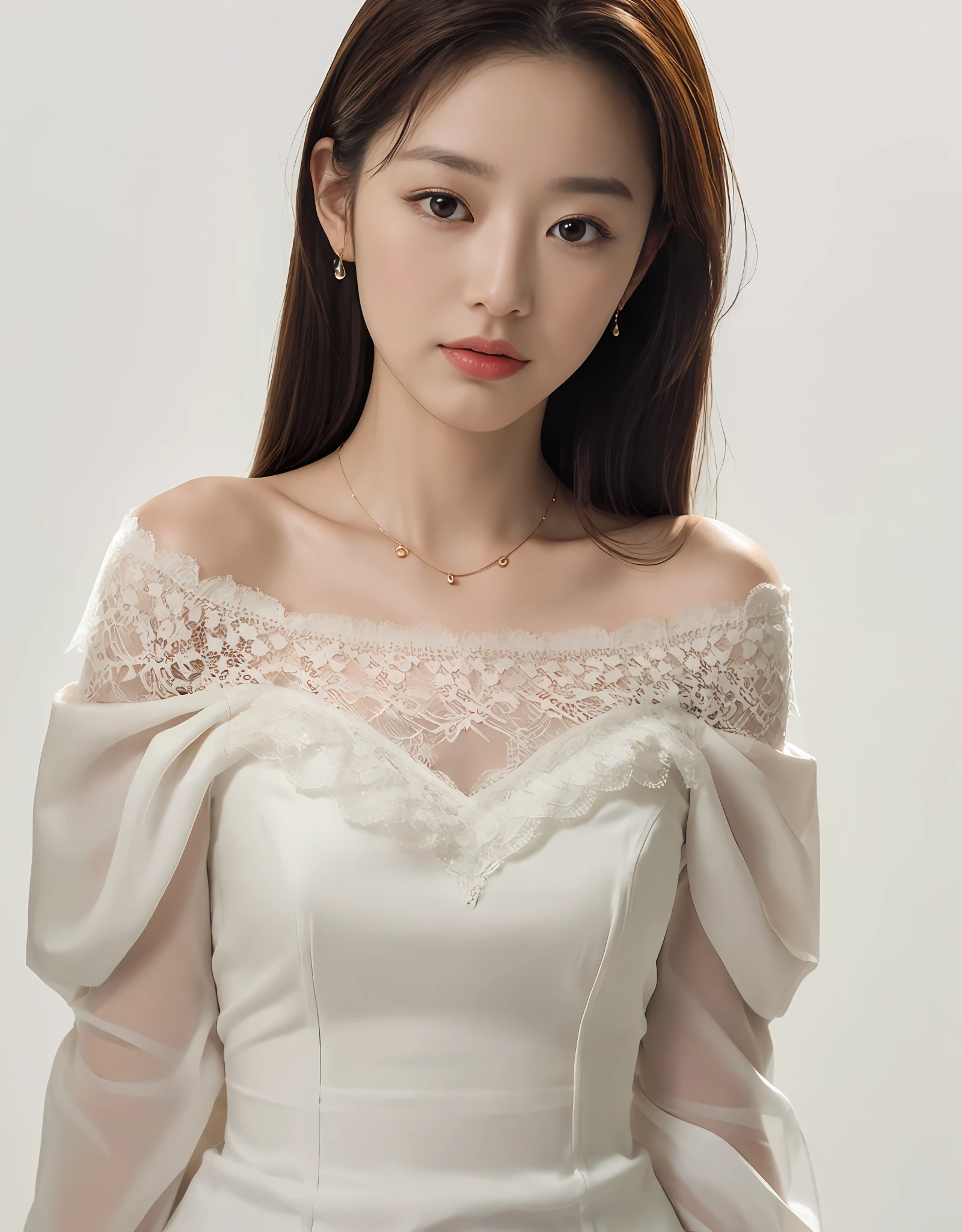 8K, Masterpiece, Best quality, Realistic,Attractive female necklace with lace necklace, Off-the-shoulder white shirt, Against a neutral background