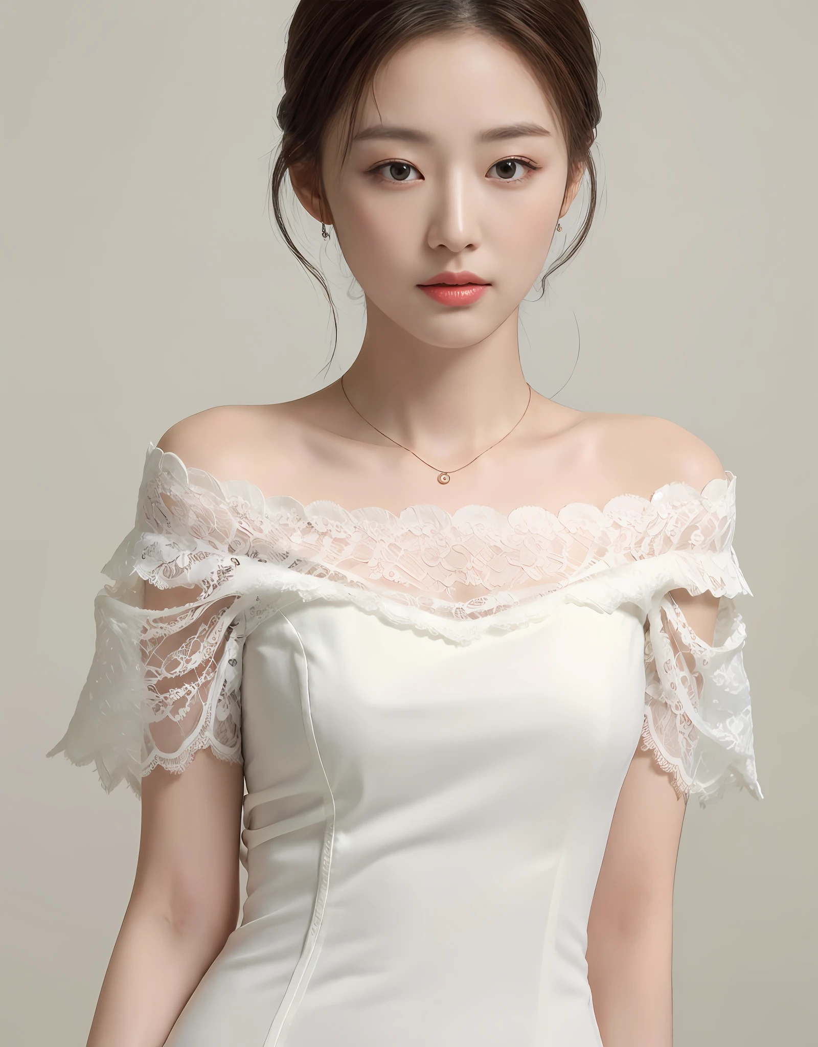 8K, Masterpiece, Best quality, Realistic,Attractive female necklace with lace necklace, Off-the-shoulder white shirt, Against a neutral background