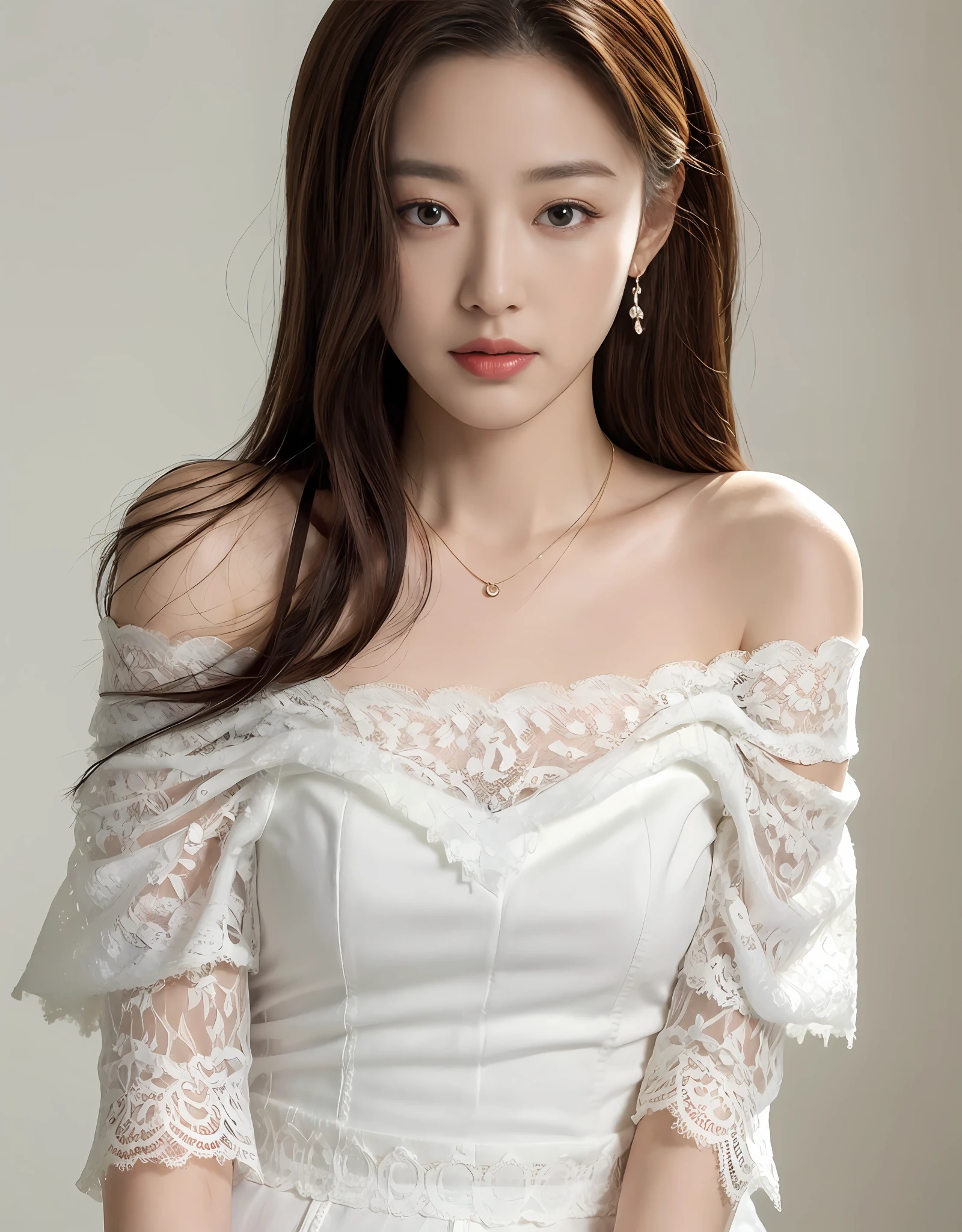 8K, Masterpiece, Best quality, Realistic,Attractive female necklace with lace necklace, Off-the-shoulder white shirt, Against a neutral background