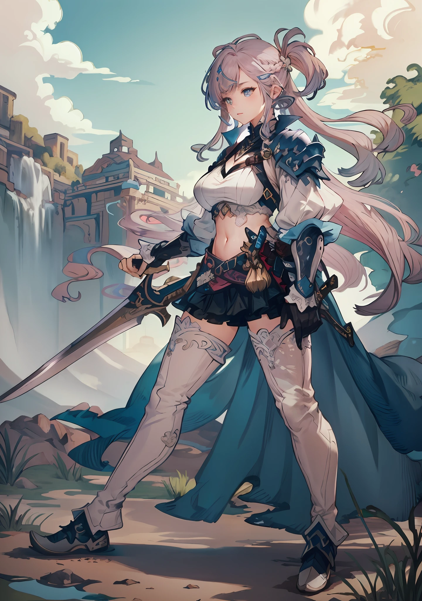 masterpiece, best quality, 1woman, (((weapon master))), intricate Heather Gray outfit, intricate background, very long hair, Bubblegum Pink hair, waterfall braid, Sky Blue eyes, swamp, sfw