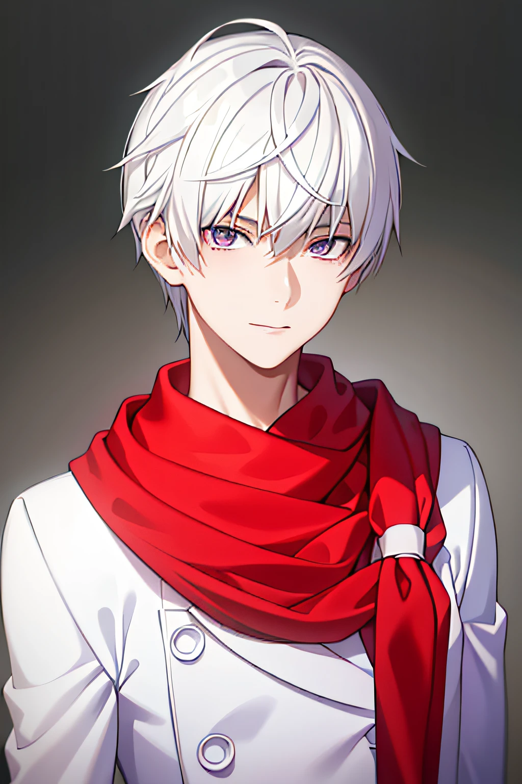 masterpiece, best quality, high quality, 1boy, solo, male focus, looking at viewer, upper body, tsukasa_eishi, white_hair, red_scarf