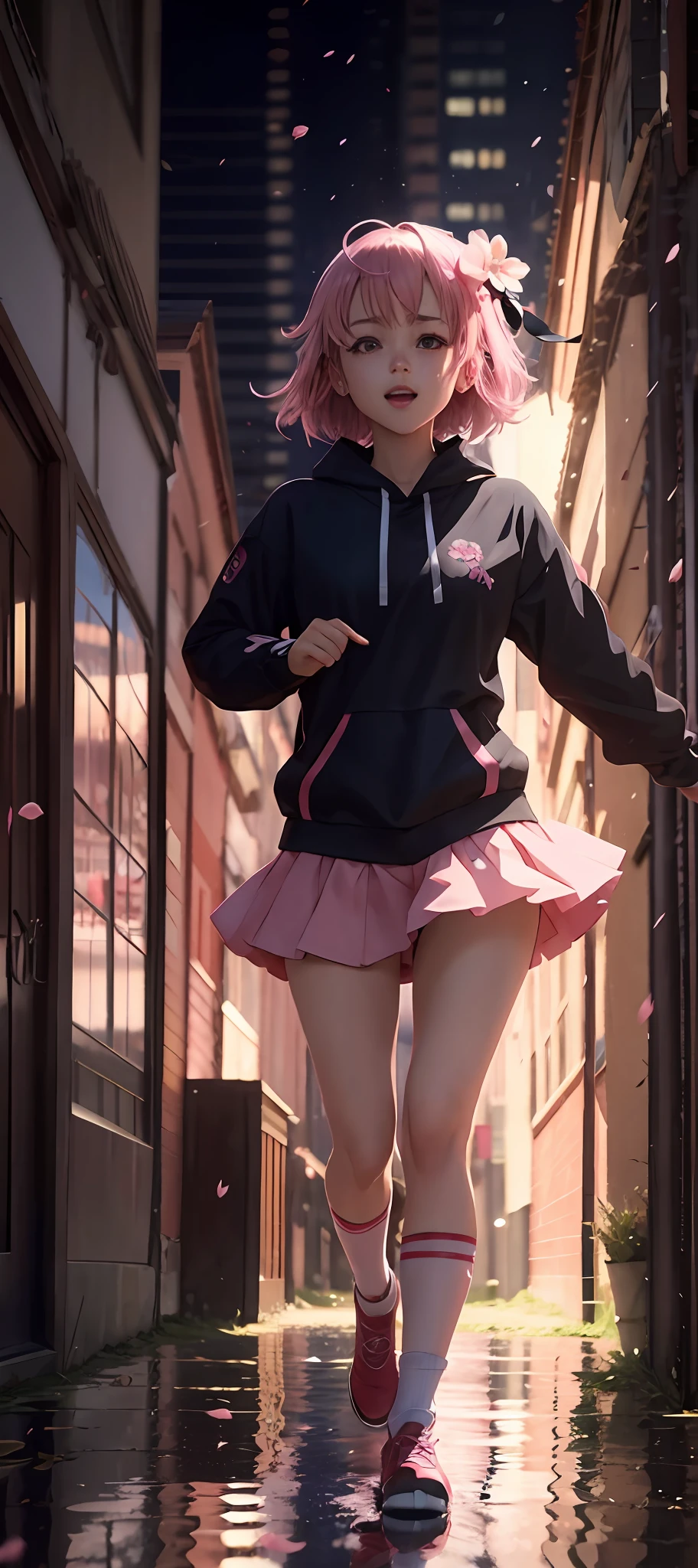 Anime girl in a pink skirt and black hoodie running down a street - SeaArt  AI