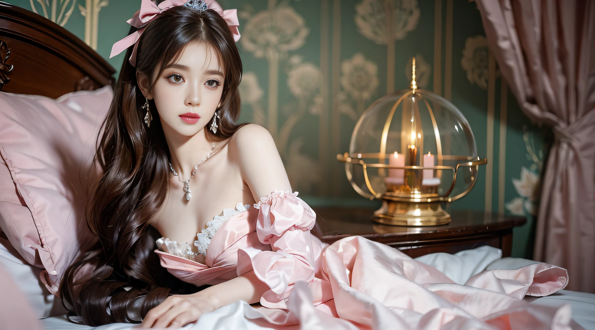 ((Realistic lighting, top quality, 8K, Masterpiece: 1.3)), Clear Focus: 1.2, 1Woman, Perfect Beauty: 1.4, Yushuxin, 1Girl, Dress, Solo, Brunette, Jewelry, Long Hair, Earrings, Bow, Pink Dress, Wood, Nature, Outdoor, Bare Shoulder, Airless Gainsboro, Long Dress, Hair Bow, Forest, Pink Bow,Strapless, Standing, Necklace, Head Tilt, Chapped Lips, Wavy Hair, Strapless Dress,Lace Sleeves, cetin dress,close-up woman in pink dress posing for photo,beautiful virgin,beautiful korean woman, beautiful princess, cute elegant pose, bell delphine, wearing pink dress, beautiful fantasy maiden, anime princess, beautiful seductive anime woman,beautiful asian girl, attractive anime girl, elegant glamorous cosplay,(lying on bed:1.8),(beautiful orb-articulated doll:1.3),luxurious princess dress