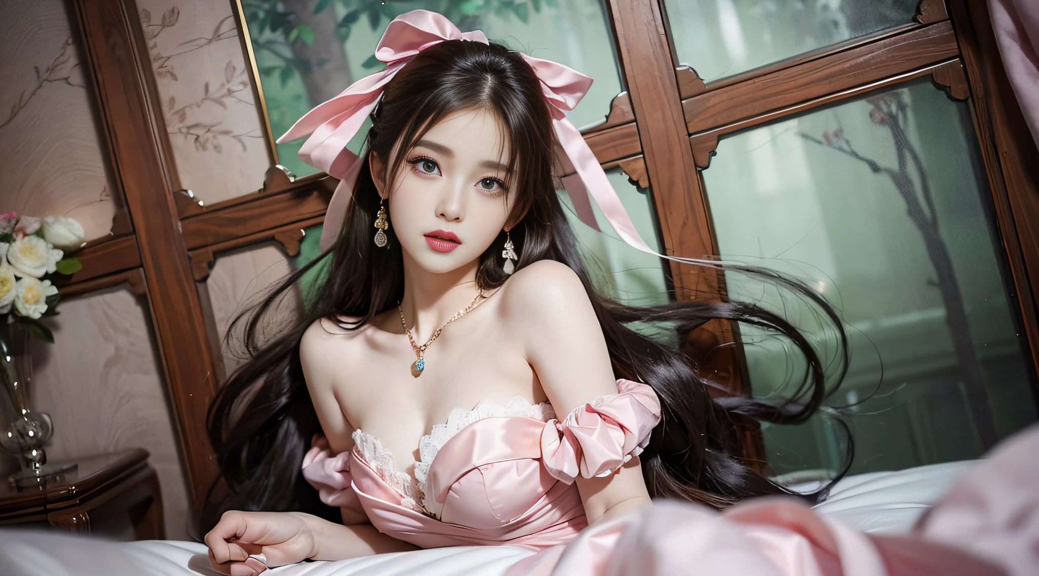 ((Realistic lighting, top quality, 8K, Masterpiece: 1.3)), Clear Focus: 1.2, 1Woman, Perfect Beauty: 1.4, Yushuxin, 1Girl, Dress, Solo, Brunette, Jewelry, Long Hair, Earrings, Bow, Pink Dress, Wood, Nature, Outdoor, Bare Shoulder, Airless Gainsboro, Long Dress, Hair Bow, Forest, Pink Bow,Strapless, Standing, Necklace, Head Tilt, Chapped Lips, Wavy Hair, Strapless Dress,Lace Sleeves, cetin dress,close-up woman in pink dress posing for photo,beautiful virgin,beautiful korean woman, beautiful princess, cute elegant pose, bell delphine, wearing pink dress, beautiful fantasy maiden, anime princess, beautiful seductive anime woman,beautiful asian girl, attractive anime girl, elegant glamorous cosplay,(lying on bed:1.8),(beautiful orb-articulated doll:1.3),luxurious princess dress