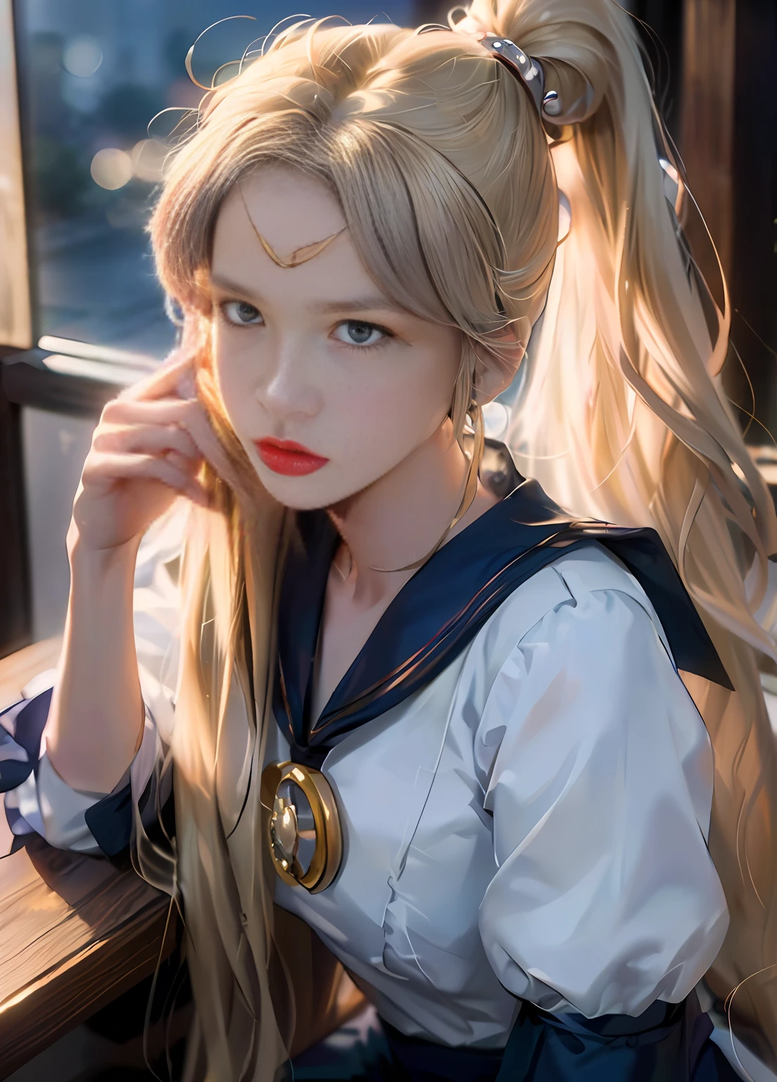 Une fille blonde aux cheveux longs assise sur un banc de café, Marin Lune style, inspired by Marin Lune, auteur：la lune du marin, la lune du marin. Beau, Marin Lune!!!!!!!!, Esthétique de Sailor Moon, cosplayer, Cosplay de fille d&#39;animeer, uniforme de marin, longs cheveux dorés, cosplay animéer, sakimichan, le marin galaxie. Beau, cosplay réalisteer, cosplayer foto