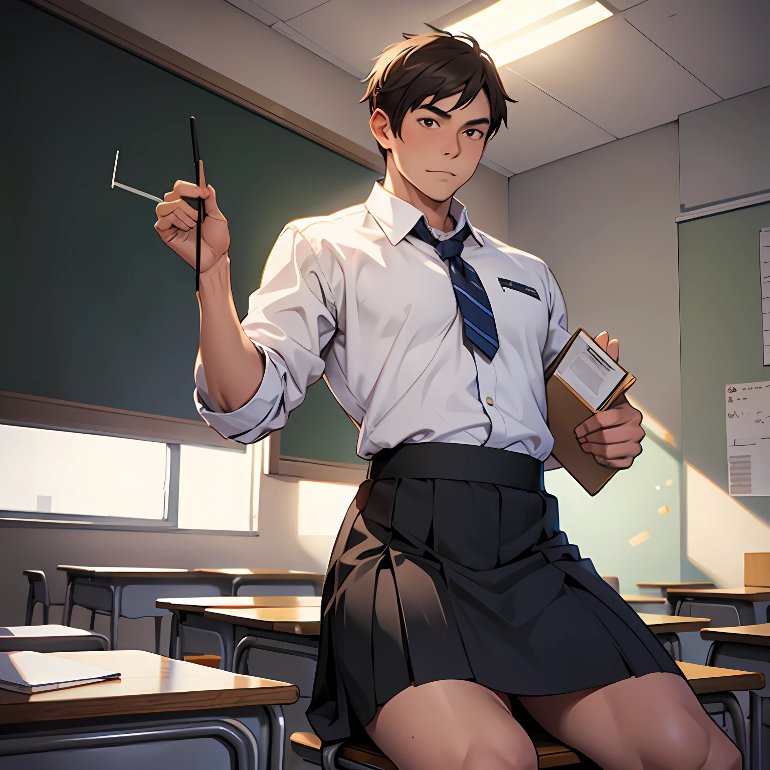 Anime character sitting on desk holding a book and a pair of scissors -  SeaArt AI