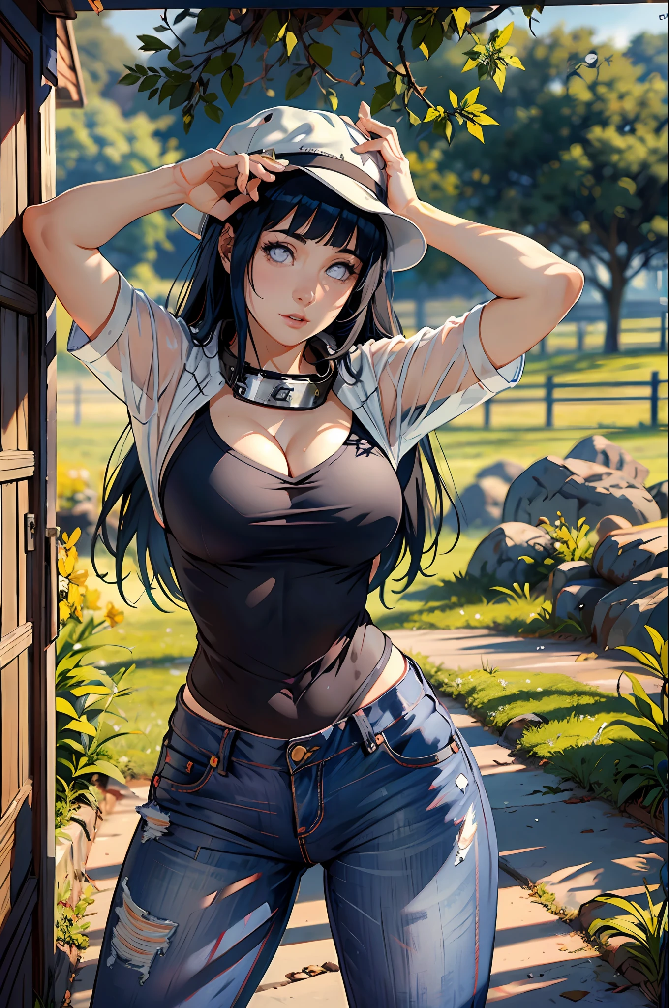 Hinata Hyuga, muy sensual, con ropa de campo, cowgirllbrasileira, granja en el interior de São Paulo, País bailando, rodeo, PBR, gran culo, piernas gruesas, usando un par de jeans, con camisa a cuadros, ombligo con pirsing, Usar una bota, pelo grande, Luciendo un sombrero, Hebilla de cinturón, Caballos y bueyes en el fondo, muy realista, extremadamente sexy, 8K, 8K extremamente detalhado), (un extremadamente delicado y hermoso), (Obra-prima), (mejor calidad: 1.0), (resolución ultra alta:1.0)