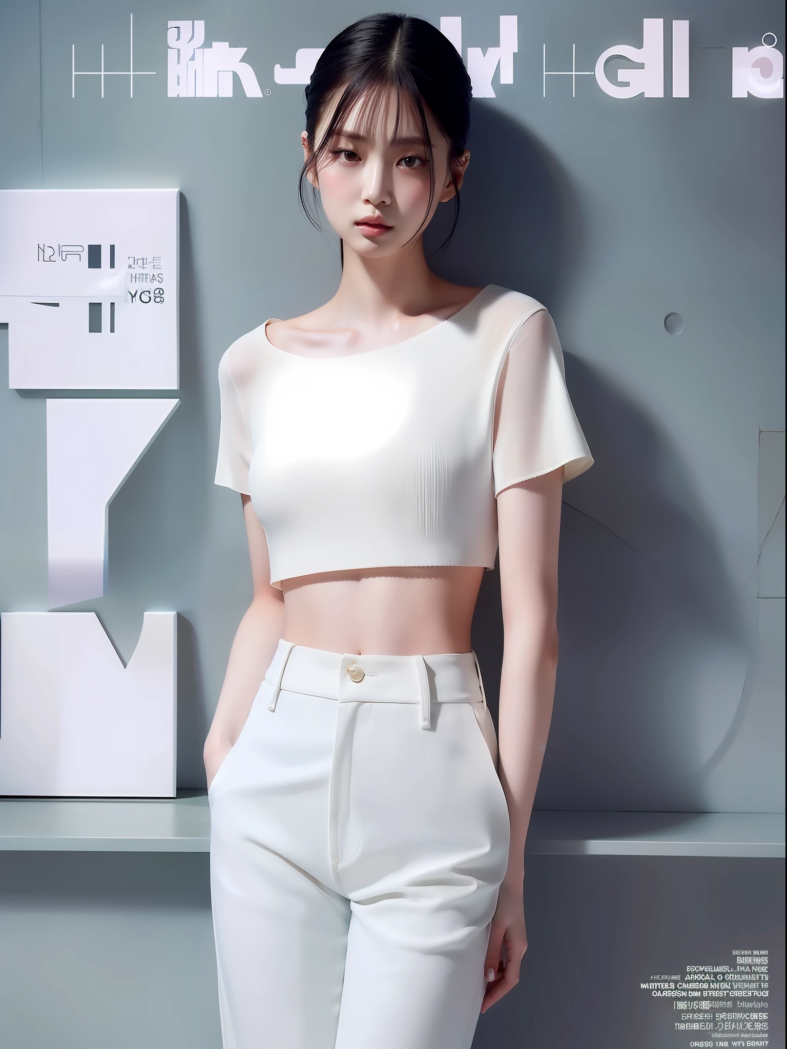 Highest quality, Ultra-high definition, Masterpieces, 8K quality,1girll,Young beautiful girl,White skin,Long legs, Wear short sleeves with an open waist,Denim trousers,Wide-leg pants,Delicate skin, Big eyes, Ultra detailed, offcial art, Unity 8k wallpaper,(FashionMagCover:1.3)