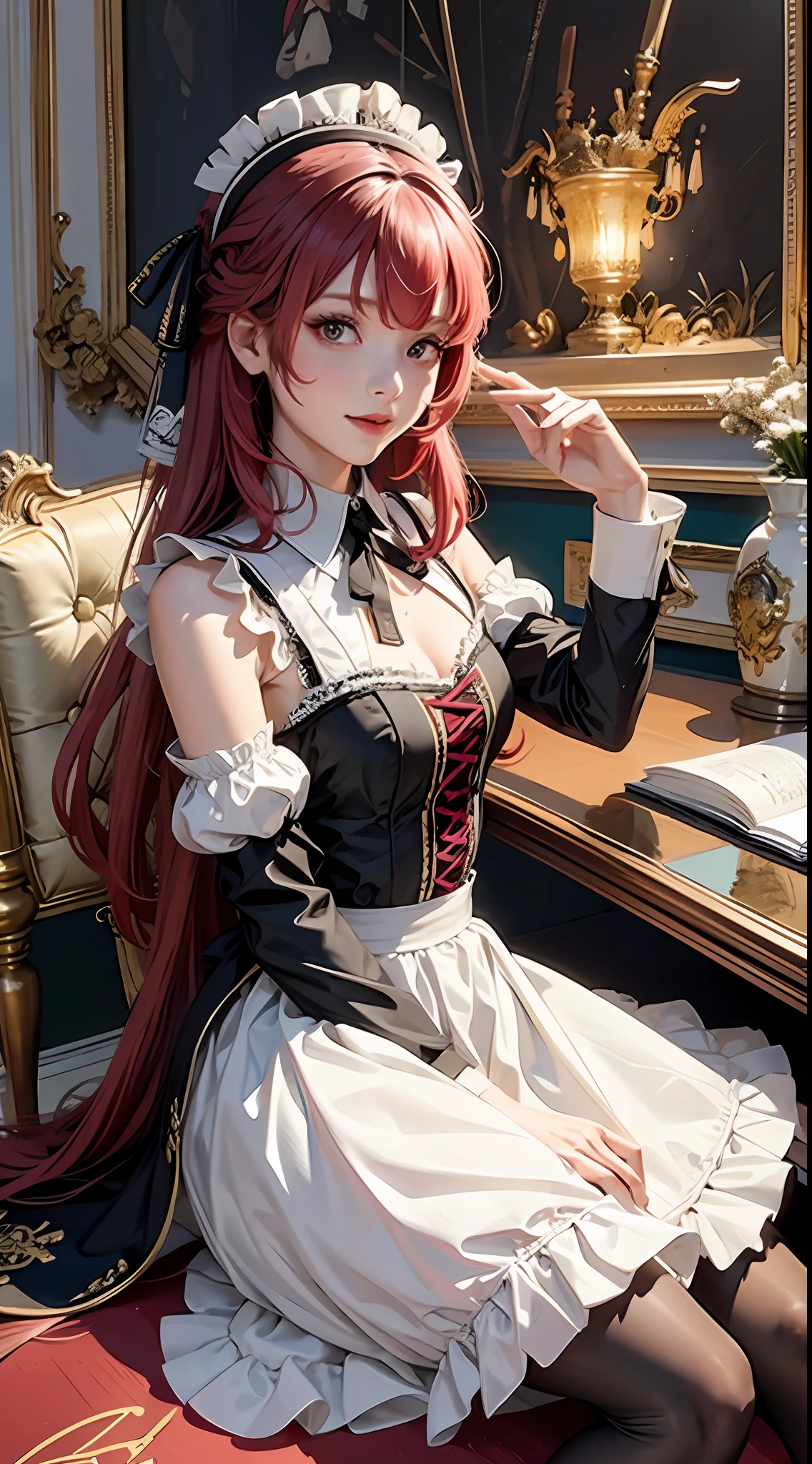offcial art， Unity 8k Wallpapers， ultra - detailed， Beautiful and beautiful， tmasterpiece， best qualtiy， scientific fiction， （natta：1.2）， （1girll：1.3）， （young：1.1），The picture is clear，a close up of a woman in a dress and stockings, gorgeous maid, Maid outfit， Fighting posture， is shy， ssmile， Be red in the face， long whitr hair， whaite hair， Striped hair， red eyes， Hair bow， Moles under the eyes， （cinmatic lighting：1.2），One poses for a photo in a maid costume，the maid outfit，A dress dressed in lace，Luxurious theme，realistic dress，Skin details are highly detailed，Watch machinery，Beautiful maid，feminine beauty，Stunning character art，Ray traching