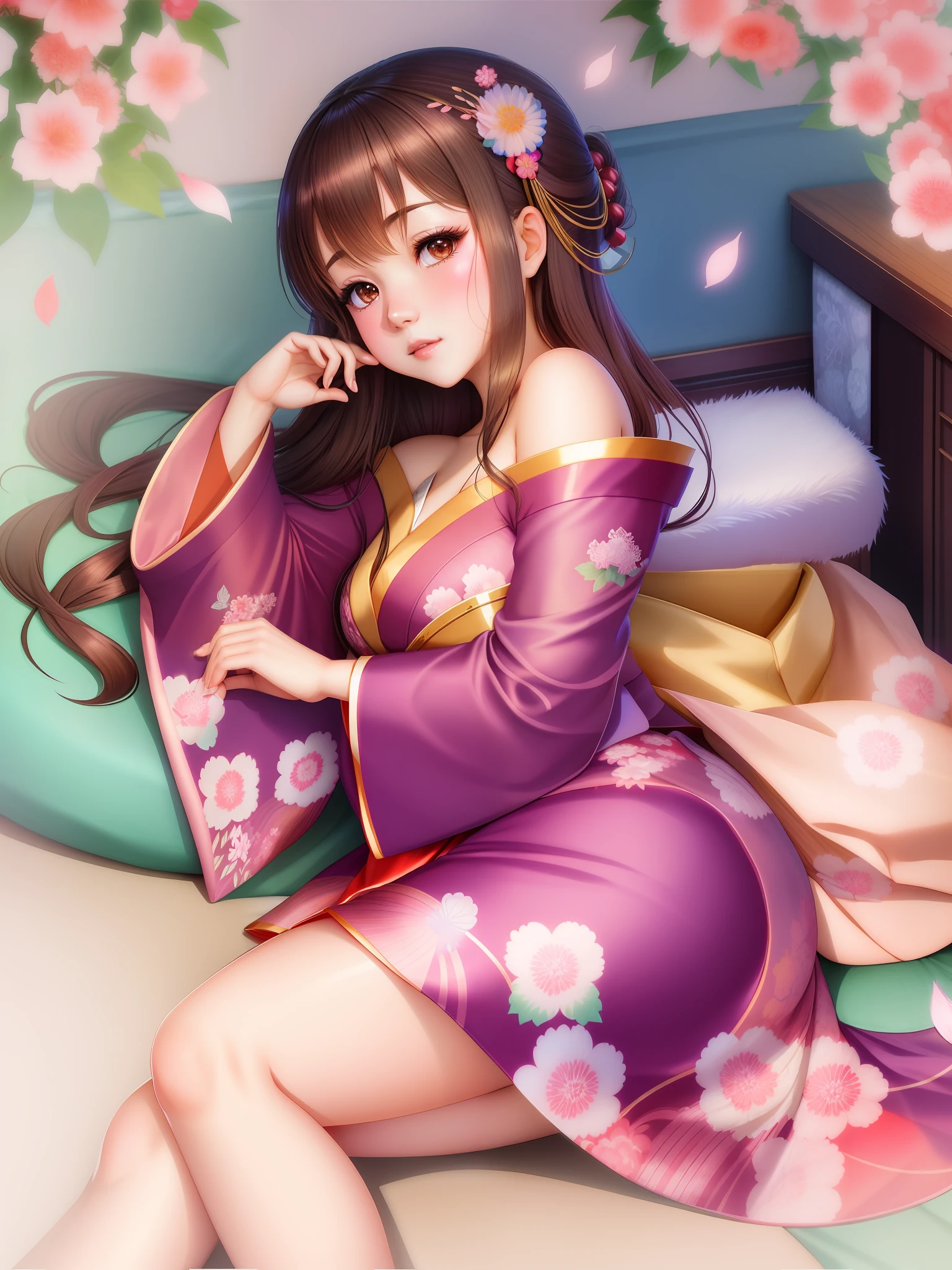 Garota de anime vestida com quimono sentada na cama, em um quimono, em um quimono, waifu de anime fofo em um lindo vestido, Artgerm muito detalhado, garota anime sedutora, ! sonho artgerm, estilo de arte anime moe, vestindo um manto simples, linda mulher de anime sedutora, Hanyamata, vestindo quimono real