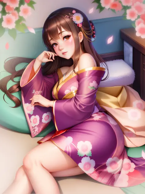 Anime girl in kimono clothes sitting on bed, in a kimono, in a kimono, Cute anime waifu in a nice dress, Very detailed ArtGerm, ...