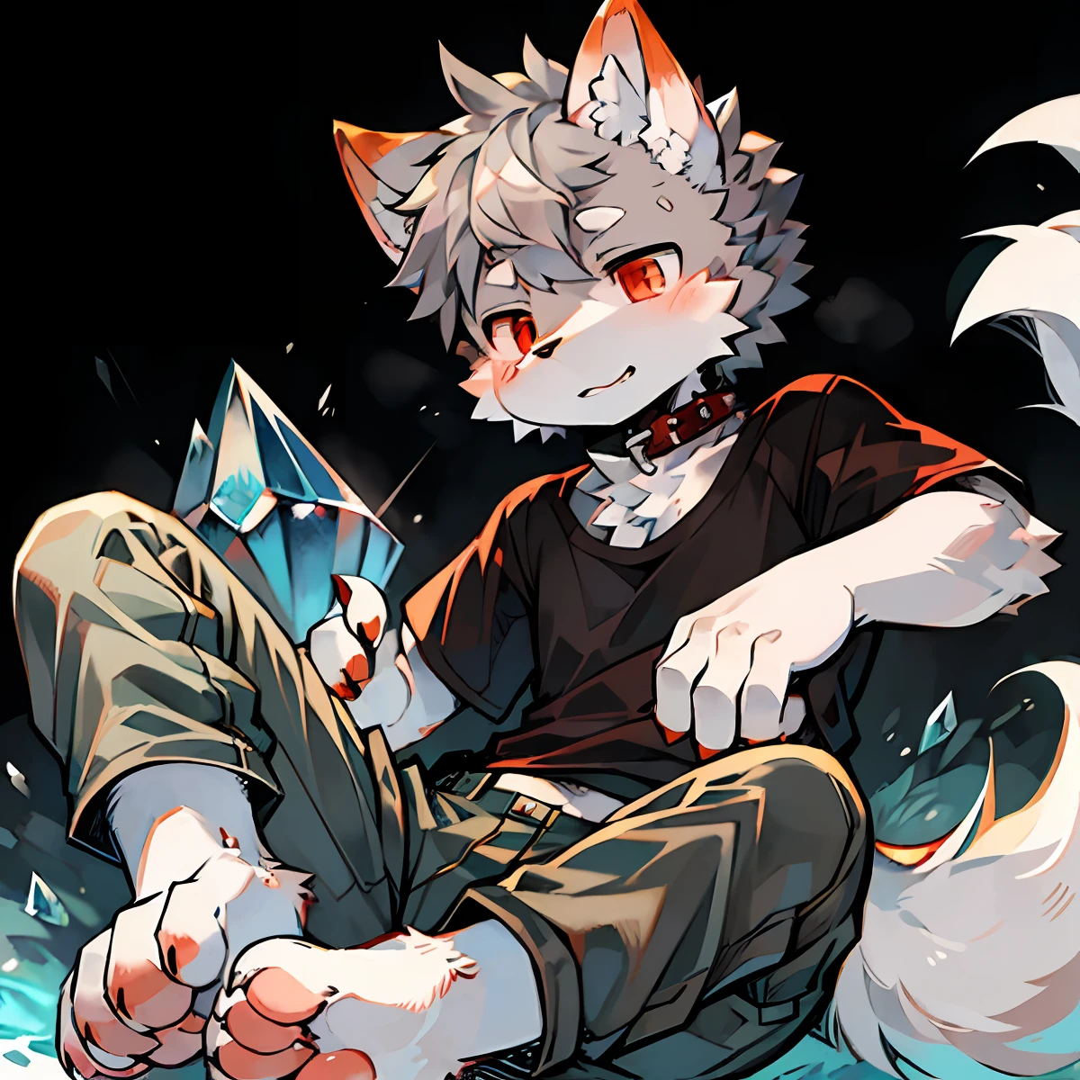 (masterpiece:1.2),(anatomically correct:1.1), (high quality:1.5), (((solo male anthropomorphic))) kemono furry_transformation wolf fursona,1 wolf boy,black fur,crystal red eyes, (sky bule nose),white hands paws, white feet, canine hands, (detail canine feet:1.2),4 toes, black beans, detail beans,((1 wolf boy)),[digital painting \(artwork\)::0.8], 4 toes, canine feet, (motion lines:1.1),single fluffy tail,[watercolor (artwork):0.6],collar,kemono,grey hair, short hair, T-shirts,gray short pants