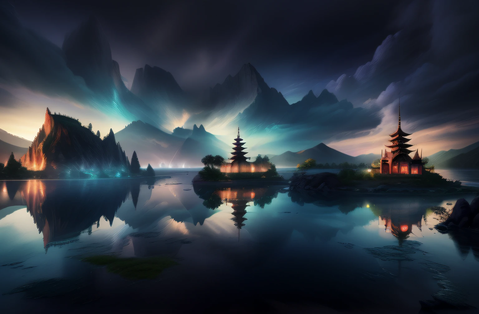 there is a picture of a beautiful landscape with a lake, 4k highly detailed digital art, epic matte painting of an island, 4 k hd wallpaper very detailed, 8k stunning artwork, beautiful art uhd 4 k, epic dreamlike fantasy landscape, digital painting of a pagoda, 4k detailed digital art, 4k hd matte digital painting, background artwork