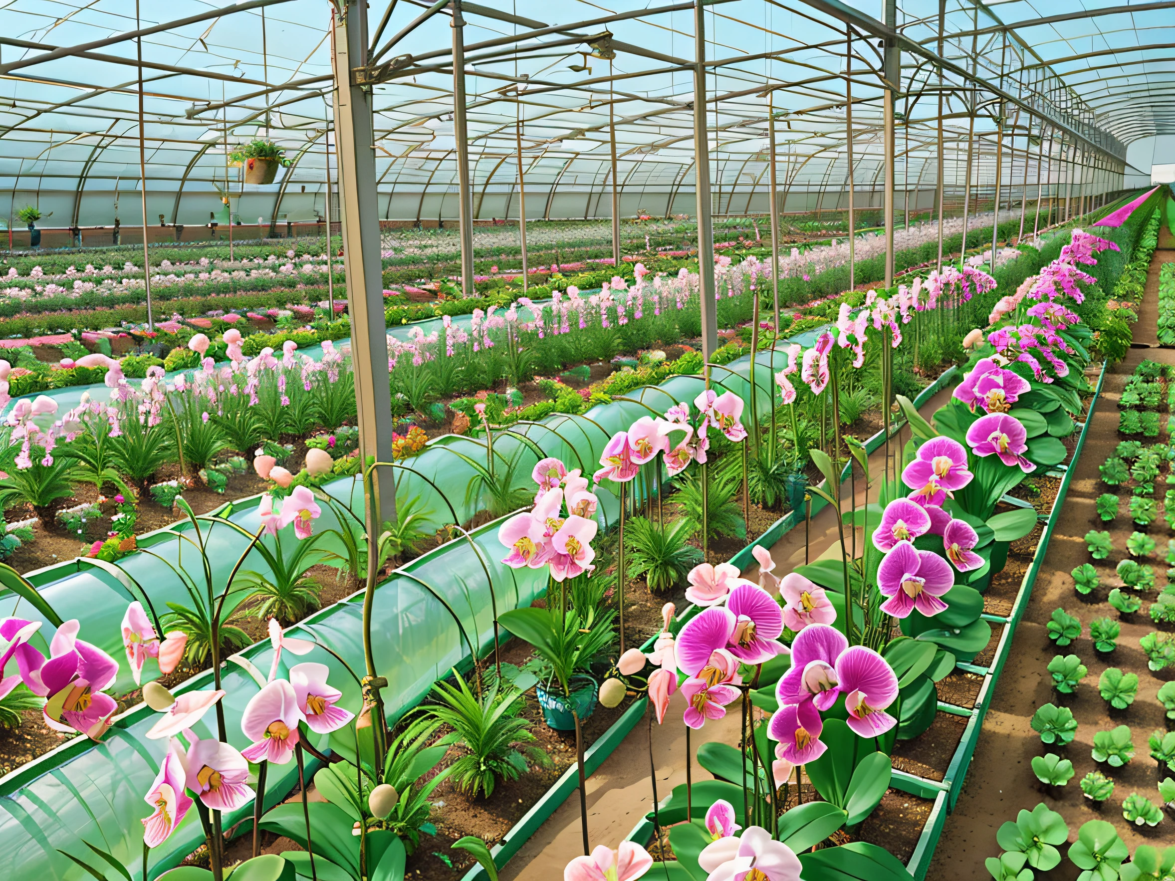 On the desert，There are rows and rows of greenhouses，Phalaenopsis orchids are neatly cultivated in greenhouses