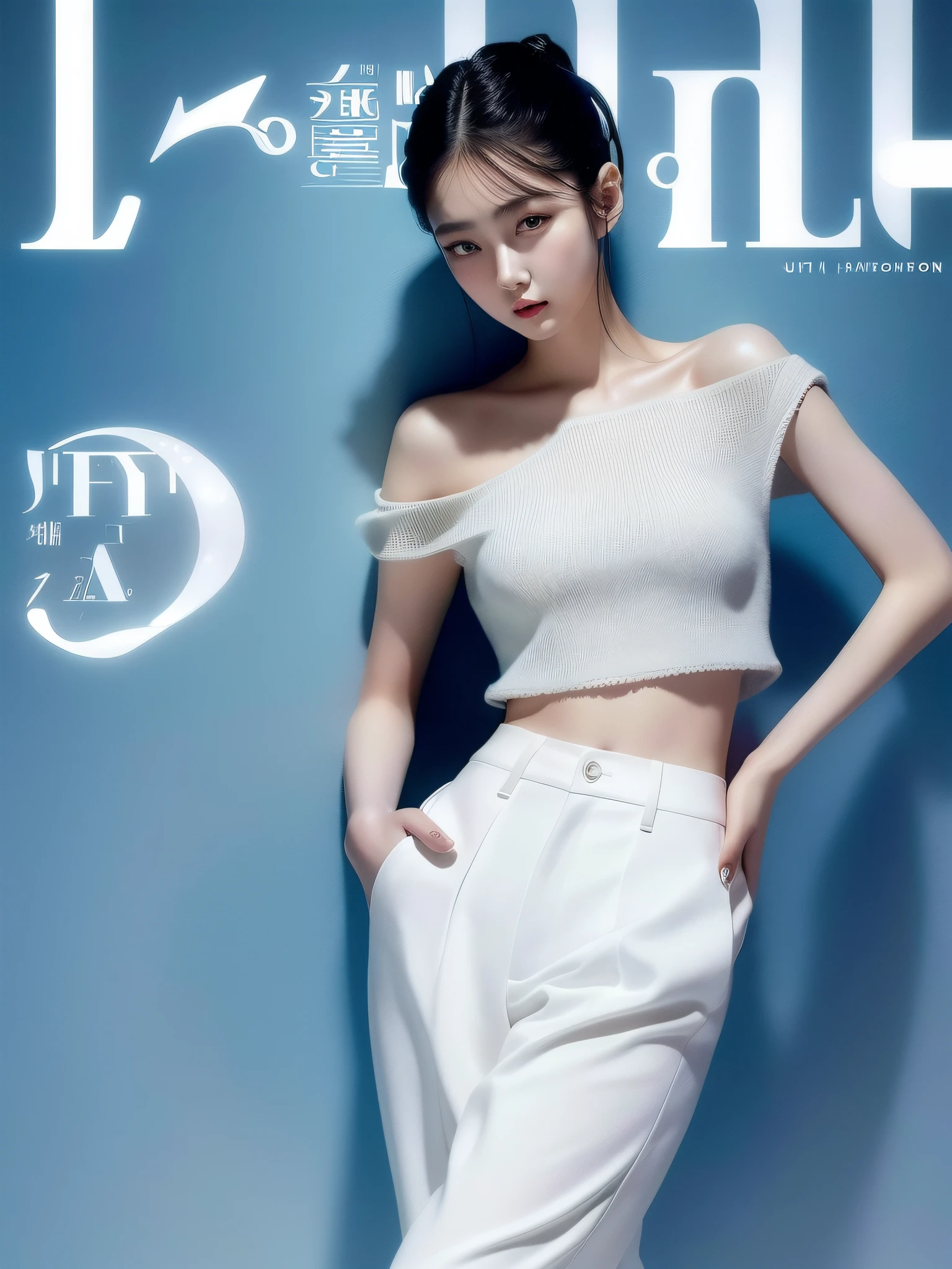 Highest quality, Ultra-high definition, Masterpieces, 8K quality,1girll,Young beautiful girl,White skin,Long legs, Wear short sleeves with an open waist,Blue denim trousers,Wide-leg pants,Delicate skin, Big eyes, Ultra detailed, offcial art, Unity 8k wallpaper,(FashionMagCover:1.3)