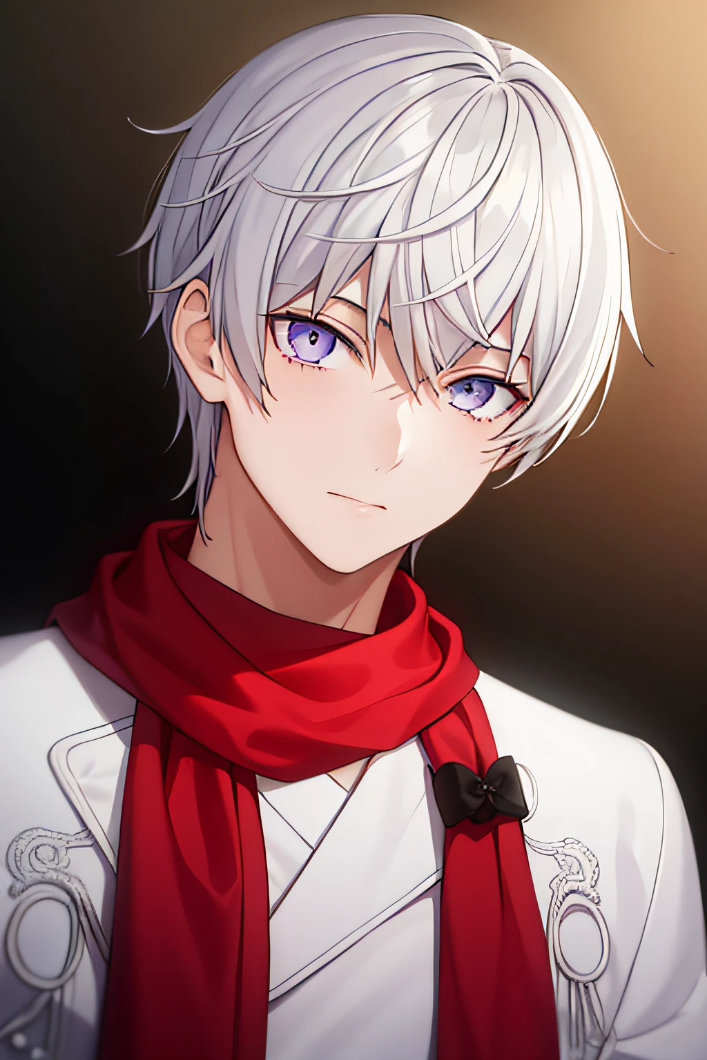 masterpiece, best quality, high quality, 1boy, solo, male focus, looking at viewer, upper body, tsukasa_eishi, white_hair, red_scarf