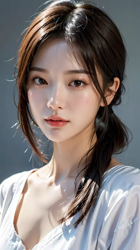 Close-up of a woman in a white shirt and ponytail, Realistic. Cheng Yi, beautiful Korean women, beautiful portrait image, gorgeous face portrait, Stunning anime face portrait, Korean girl, high quality portrait, beautiful delicate face, photorealistic beautiful face, Beautiful young Korean woman, Beautiful realistic face, cute delicate face, portrait cute-fine-face