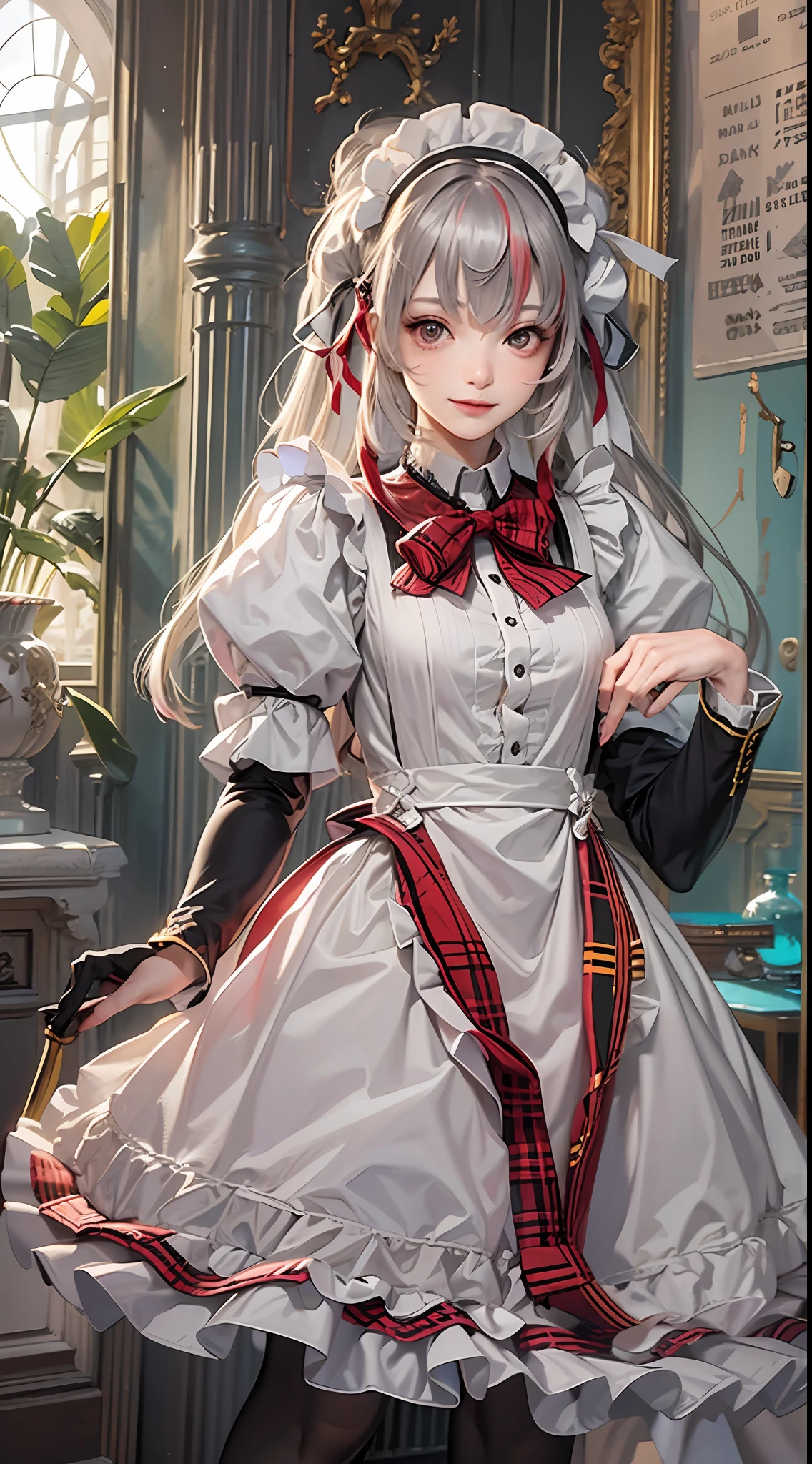 offcial art， Unity 8k Wallpapers， ultra - detailed， Beautiful and beautiful， tmasterpiece， best qualtiy， scientific fiction， （natta：1.2）， （1girll：1.3）， （young：1.1），The picture is clear，a close up of a woman in a dress and stockings, gorgeous maid, Maid outfit， Fighting posture， is shy， ssmile， Be red in the face， long whitr hair， whaite hair， Striped hair， red eyes， Hair Bow， Moles under the eyes， （cinmatic lighting：1.2），A person poses for a photo in a maid costume，the maid outfit，laced dress，Luxury theme，realistic dress，The skin details are very detailed，Watch machinery，Beautiful Maid，Feminine beauty，Stunning character art，Ray traching