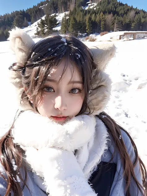 Arad women wear furry hats and scarves in the snow, ulzzangs, tzuyu from twice, in snow, In the snow, wan adorable korean face, ...