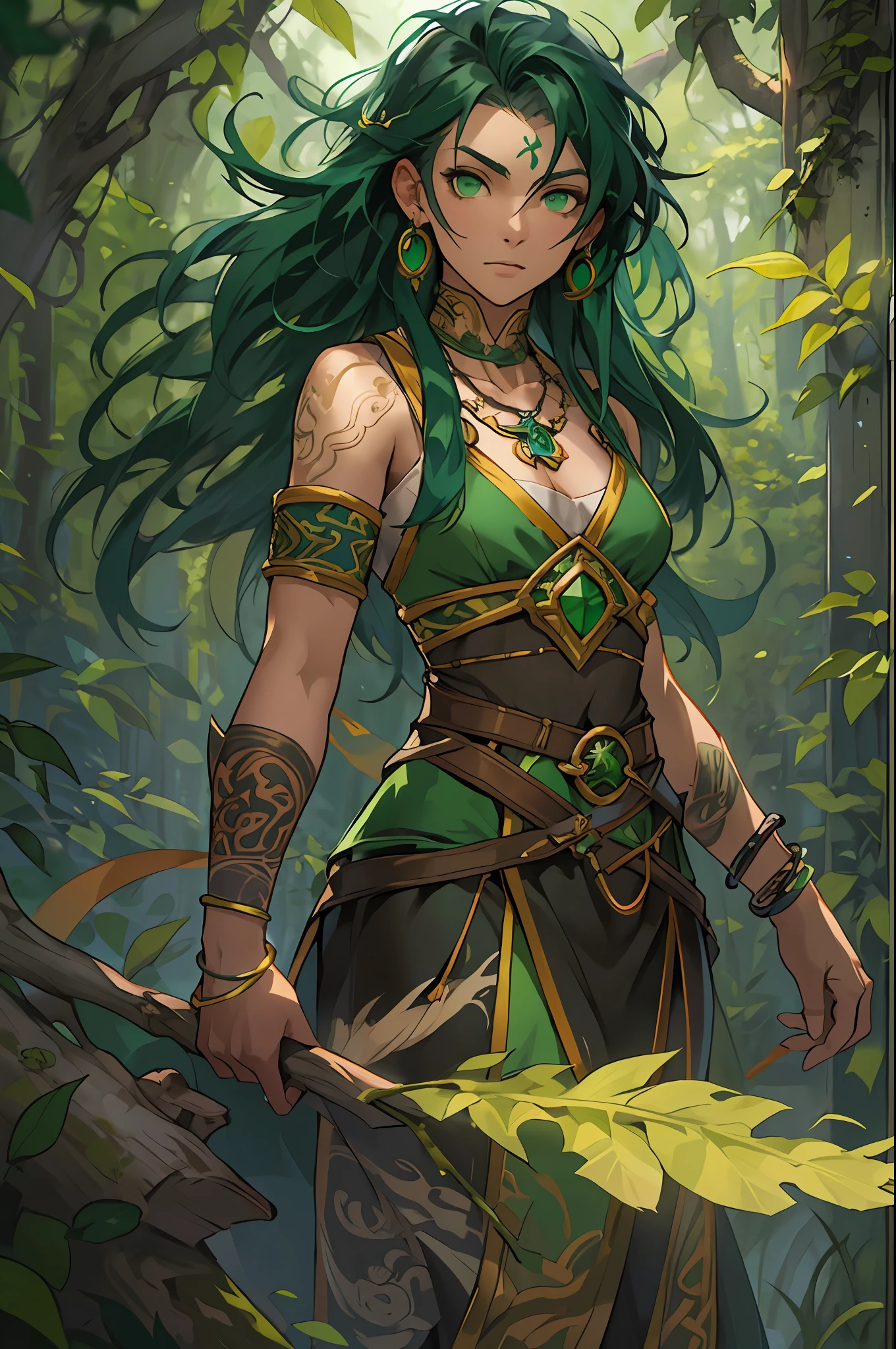 （1 Northern Girl），Anatomically correct, Solo, shaman, Nature, Healer, Round ears, wild hairs, Dark black hair, Unkempt hair, celtic tattoos, green energy, green magic, pretty eyes, Long bead necklace, Bead bracelet, trinkets, Vines in hair, Thick body, Wide body,Fantasy setting, Outdoor activities in a dream forest, Ancient ruins, Faye Wong Wilder, fey, falling leaf, ventania, Magic the Gathering, dungeons and dragons, character concept, character art, Character portrait, Cartoon, Best quality, Best resolution, 4K, Vivid colors, Vivid, High detail, best detail, confident pose, extrovert, look from down, Serious expression