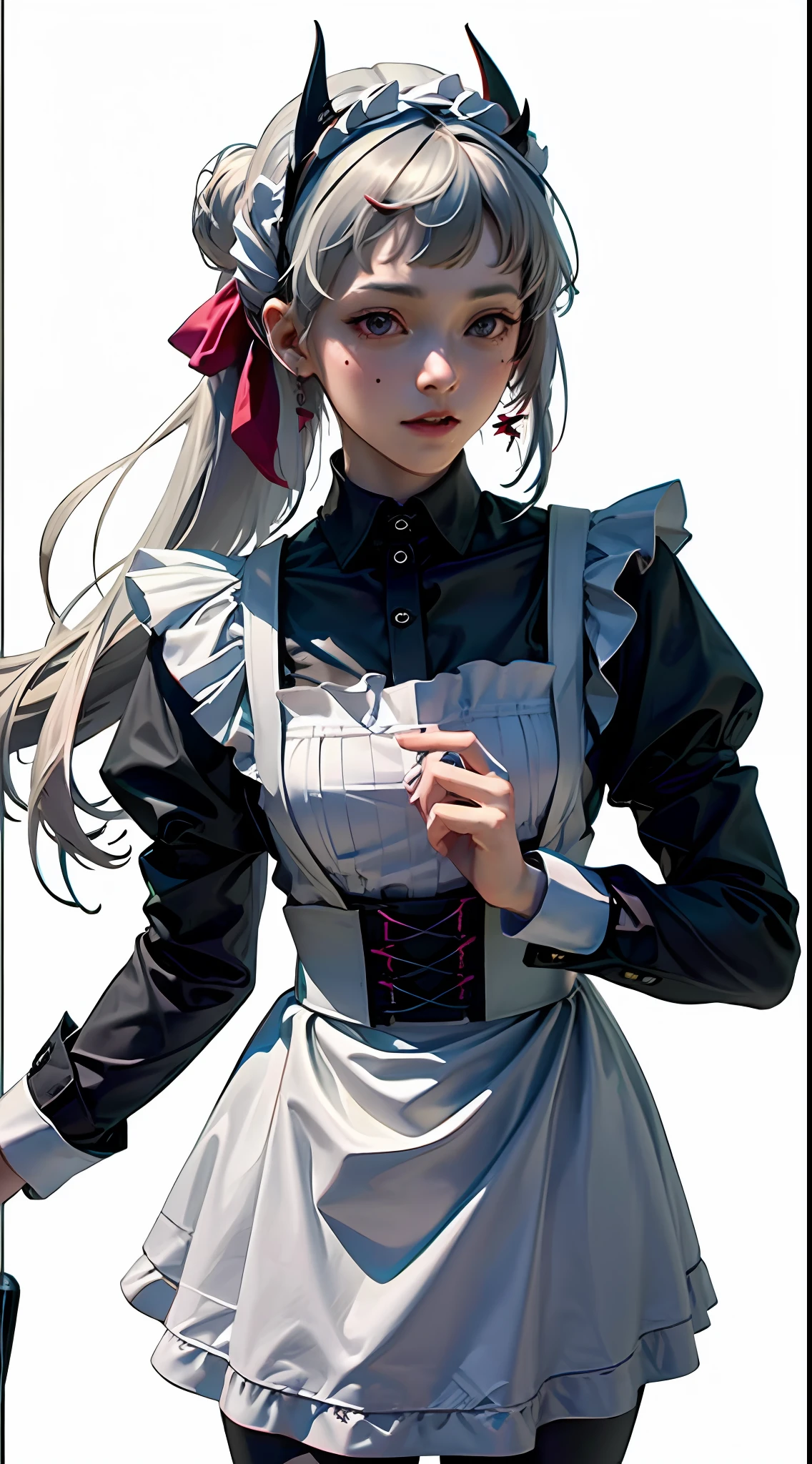 offcial art， Unity 8k Wallpapers， ultra - detailed， Beautiful and beautiful， tmasterpiece， best qualtiy， scientific fiction， （natta：1.2）， （1girll：1.3）， （young：1.1），The picture is clear，a close up of a woman in a dress and stockings, gorgeous maid, Maid outfit，is shy， ssmile， Be red in the face， long whitr hair， whaite hair， Striped hair， red eyes， Hair Bow， Moles under the eyes， （cinmatic lighting：1.2），A person poses for a photo in a maid costume，the maid outfit，laced dress，Luxury theme，realistic dress，The skin details are very detailed，Watch machinery，Beautiful Maid，Feminine beauty，Stunning character art，Ray traching