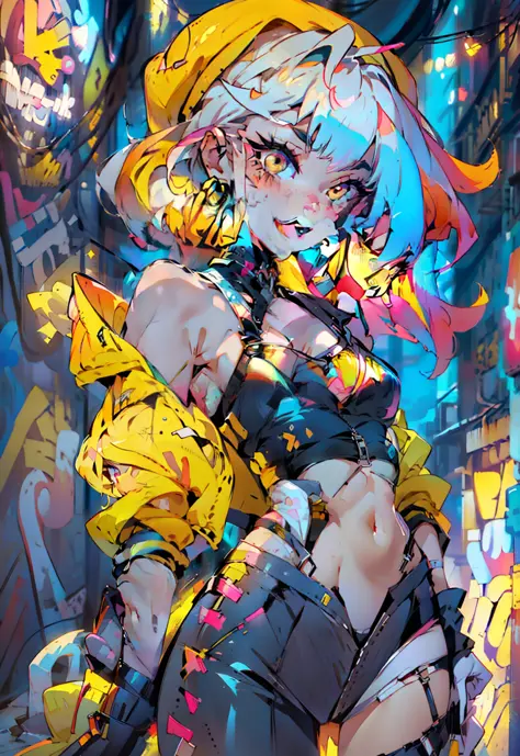 1girll, in club, cyber punk style, rainbow hair, mean smile, holding a katana, high-top swimsuit, yellow pupil,, cybernetic skin...