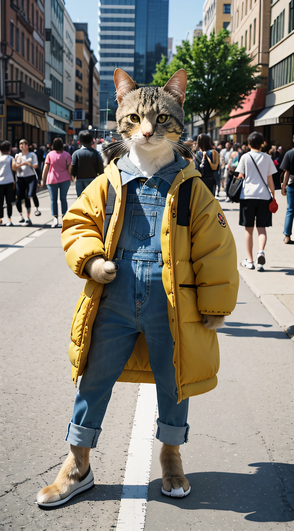Photorealsitic, Eine zweibeinige Katze von der Größe eines Menschen, Betrachten Sie die Zuschauer, Auf der Straße, vor der Menge