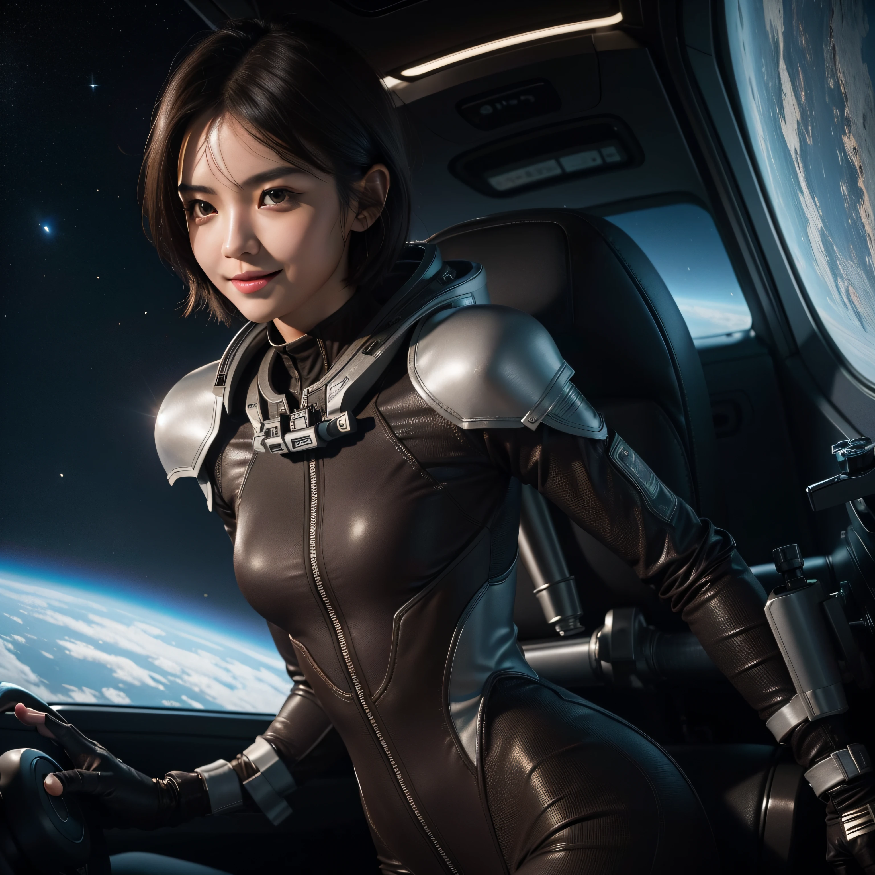 ultra-detailed, 1 girl, Asian, slim athletic body, detailed dark brown eyes, dark brown hair, short hair, modest breasts, smile, gaze at viewer, form-fitting space suit, interior of space ship, control panels, futuristic instruments