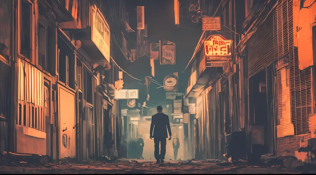 cinematic scene from 2023, crime noir, dark city, streets colorkey orange, captured with Sony CineAlta, neo-noir high contrast, ...
