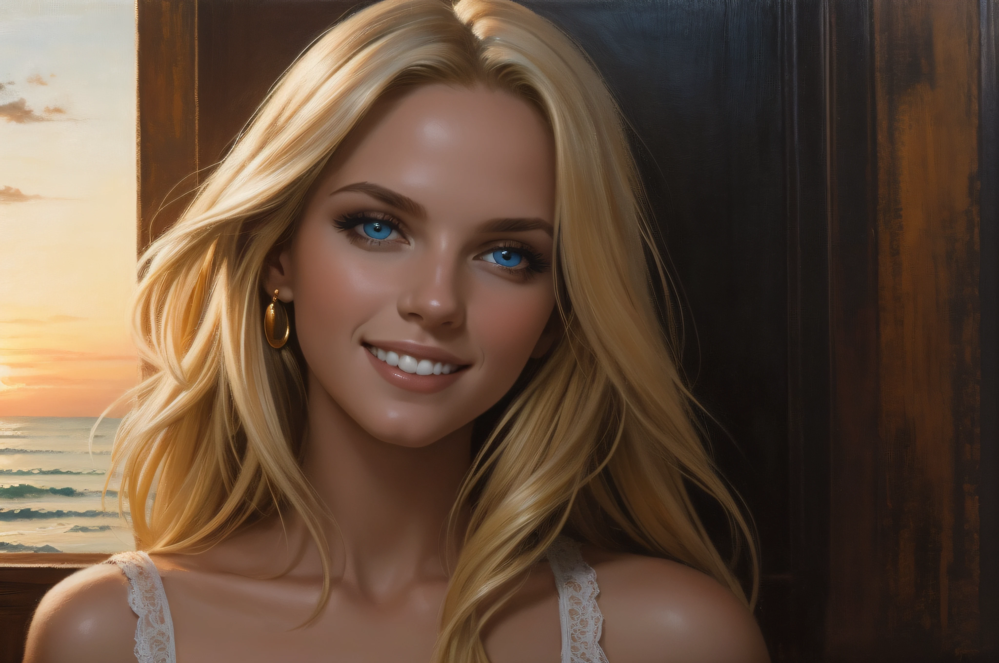 Happy relaxed Smiling young beautiful Blonde woman, at the sea, by sunset, golden blond long hair flowing in the wind, blue eyes, oil on canvas, oil painting, James Gurney, close up, smooth, hyper detailed, natural looking, life like, photo realistic, maximalist, wallpaper, masterpiece, 32k resolution, hyper realistic, best quality, ultra quality, Epic, cinematic, brilliant, stunning, intricate, meticulously detailed, dramatic, atmospheric, digital matte painting, colorful, bright colors, complementary colors, golden hour, volumetric lightning, high contrast, super detailed face, romantic vibe