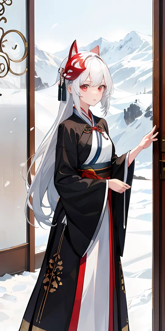 1girl,White hair,red color eyes,Wear a mask on your head,Sideslit,light particules,the wallpaper,Hanfu,Winters,snow mountains