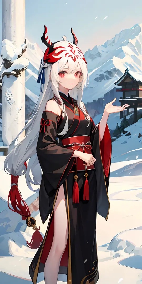 1girl,White hair,red color eyes,Wear a mask on your head,Sideslit,light particules,the wallpaper,Hanfu,Winters,snow mountains