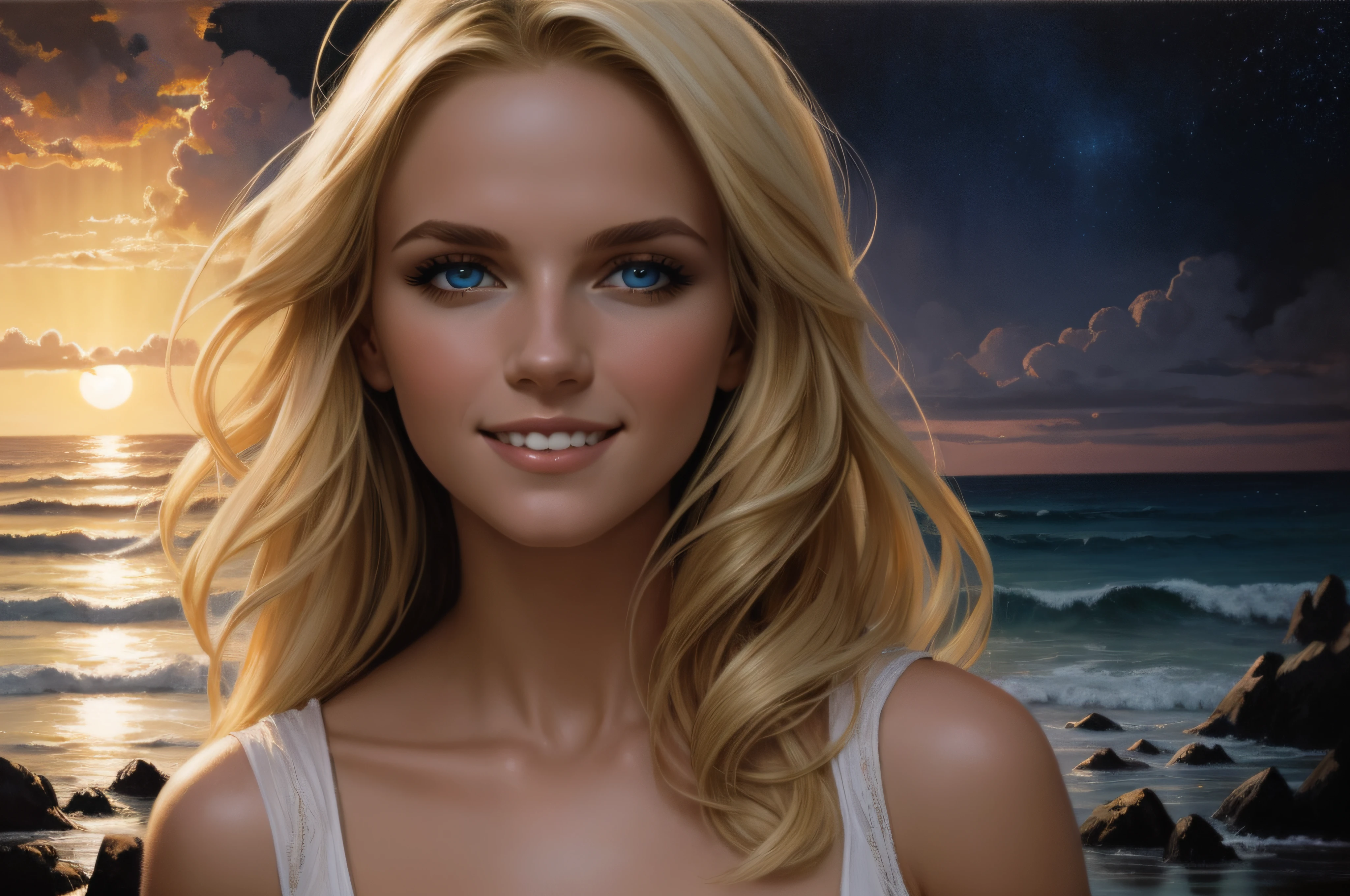 Happy relaxed Smiling young beautiful Blonde woman, at the sea, by sunset, golden blond long hair flowing in the wind, blue eyes, oil on canvas, oil painting, James Gurney, close up, smooth, hyper detailed, natural looking, life like, photo realistic, maximalist, wallpaper, masterpiece, 32k resolution, hyper realistic, best quality, ultra quality, Epic, cinematic, brilliant, stunning, intricate, meticulously detailed, dramatic, atmospheric, digital matte painting, colorful, bright colors, complementary colors, golden hour, volumetric lightning, high contrast, super detailed face, romantic vibe