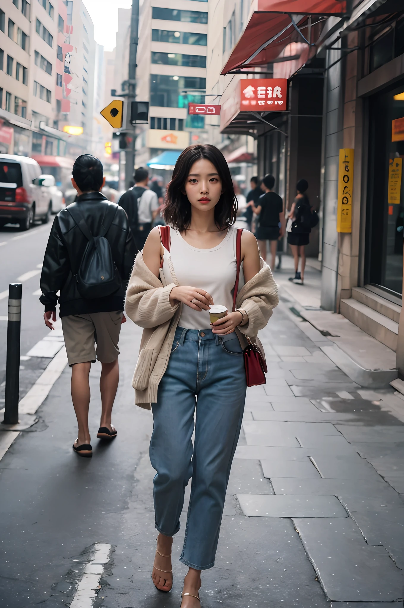 Woman walking down a city street with a red purse and a tan jacket ...