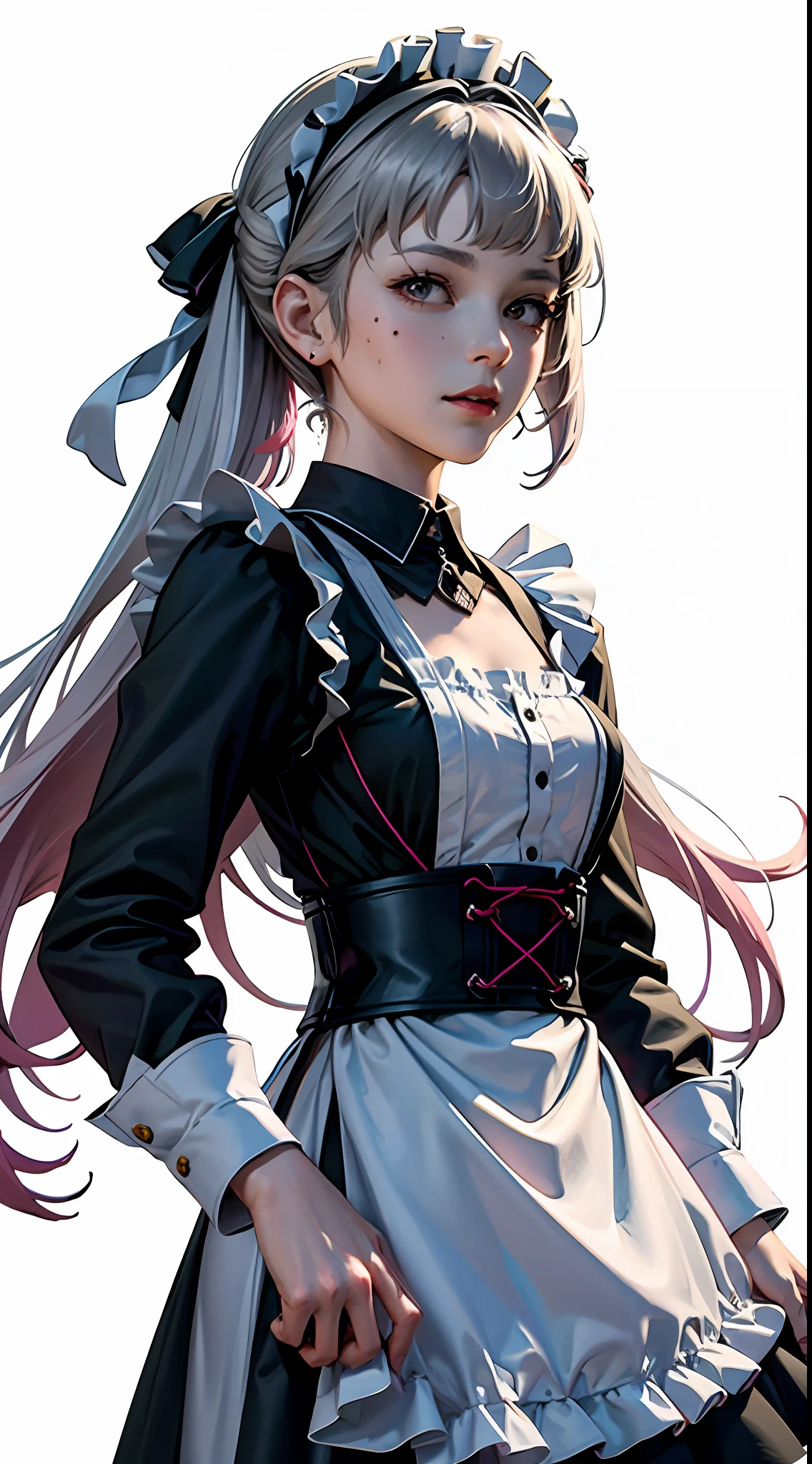 offcial art， Unity 8k Wallpapers， ultra - detailed， Beautiful and beautiful， tmasterpiece， best qualtiy， scientific fiction， （natta：1.2）， （1girll：1.3）， （young：1.1），The picture is clear，a close up of a woman in a dress and stockings, gorgeous maid, Maid outfit，is shy， ssmile， Be red in the face， long whitr hair， whaite hair， Striped hair， red eyes， Hair Bow， Moles under the eyes， （cinmatic lighting：1.2），A person poses for a photo in a maid costume，the maid outfit，laced dress，Luxury theme，realistic dress，The skin details are very detailed，Watch machinery，Beautiful Maid，Feminine beauty，Stunning character art，Ray traching