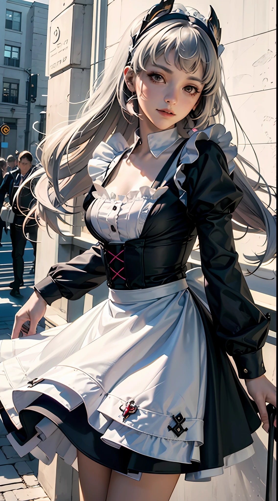 offcial art， Unity 8k Wallpapers， ultra - detailed， Beautiful and beautiful， tmasterpiece， best qualtiy， scientific fiction， （natta：1.2）， （1girll：1.3）， （young：1.1），The picture is clear，a close up of a woman in a dress and stockings, gorgeous maid, Maid outfit，is shy， ssmile， Be red in the face， long whitr hair， whaite hair， Striped hair， red eyes， Hair Bow， Moles under the eyes， （cinmatic lighting：1.2），A person poses for a photo in a maid costume，the maid outfit，laced dress，Luxury theme，realistic dress，The skin details are very detailed，Watch machinery，Beautiful Maid，Feminine beauty，Stunning character art，Ray traching