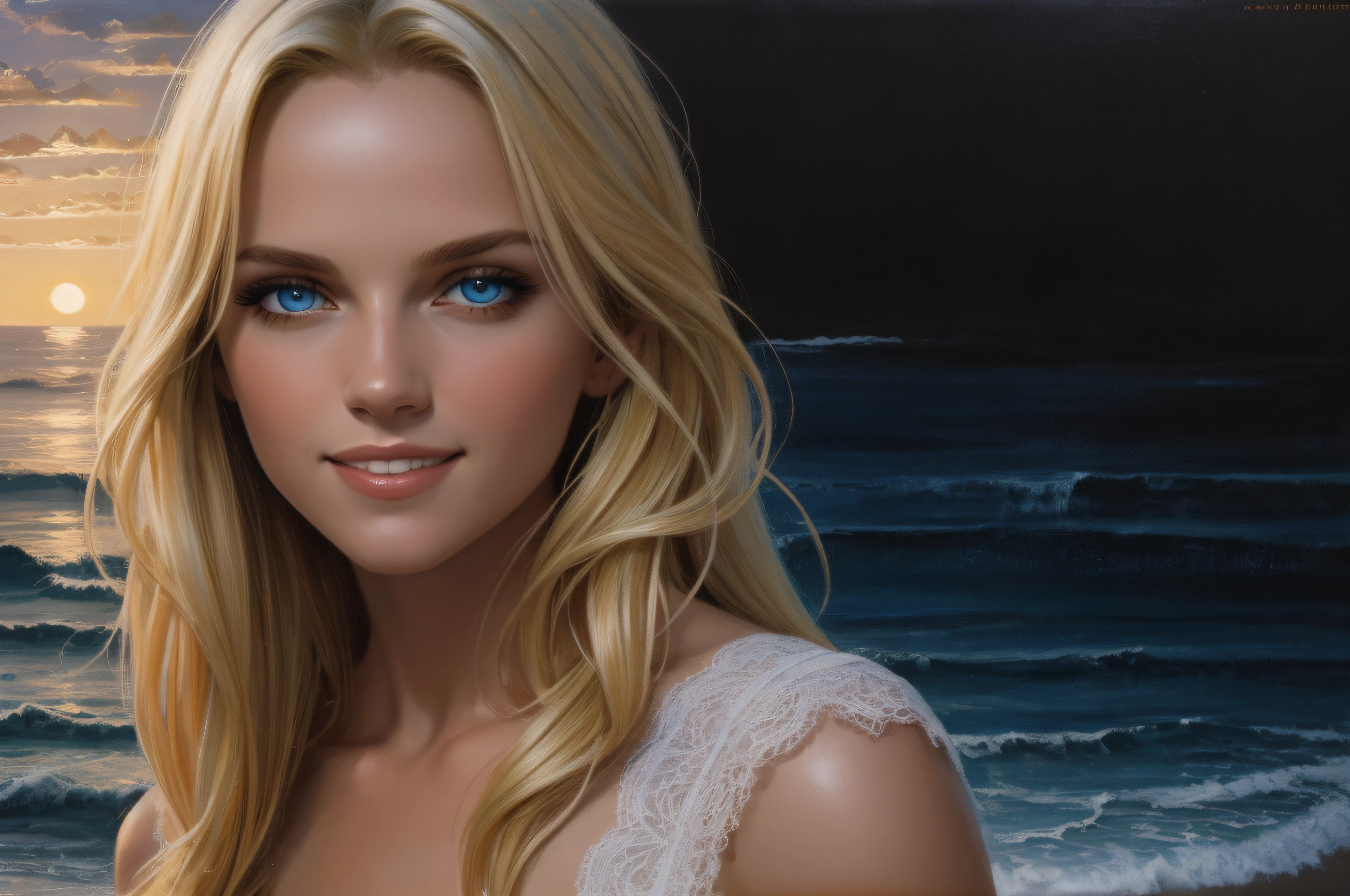 Happy relaxed Smiling young beautiful Blonde woman, at the sea, by sunset, golden blond long hair flowing in the wind, blue eyes, oil on canvas, oil painting, James Gurney, close up, smooth, hyper detailed, natural looking, life like, photo realistic, maximalist, wallpaper, masterpiece, 32k resolution, hyper realistic, best quality, ultra quality, Epic, cinematic, brilliant, stunning, intricate, meticulously detailed, dramatic, atmospheric, digital matte painting, colorful, bright colors, complementary colors, golden hour, volumetric lightning, high contrast, super detailed face, romantic vibe