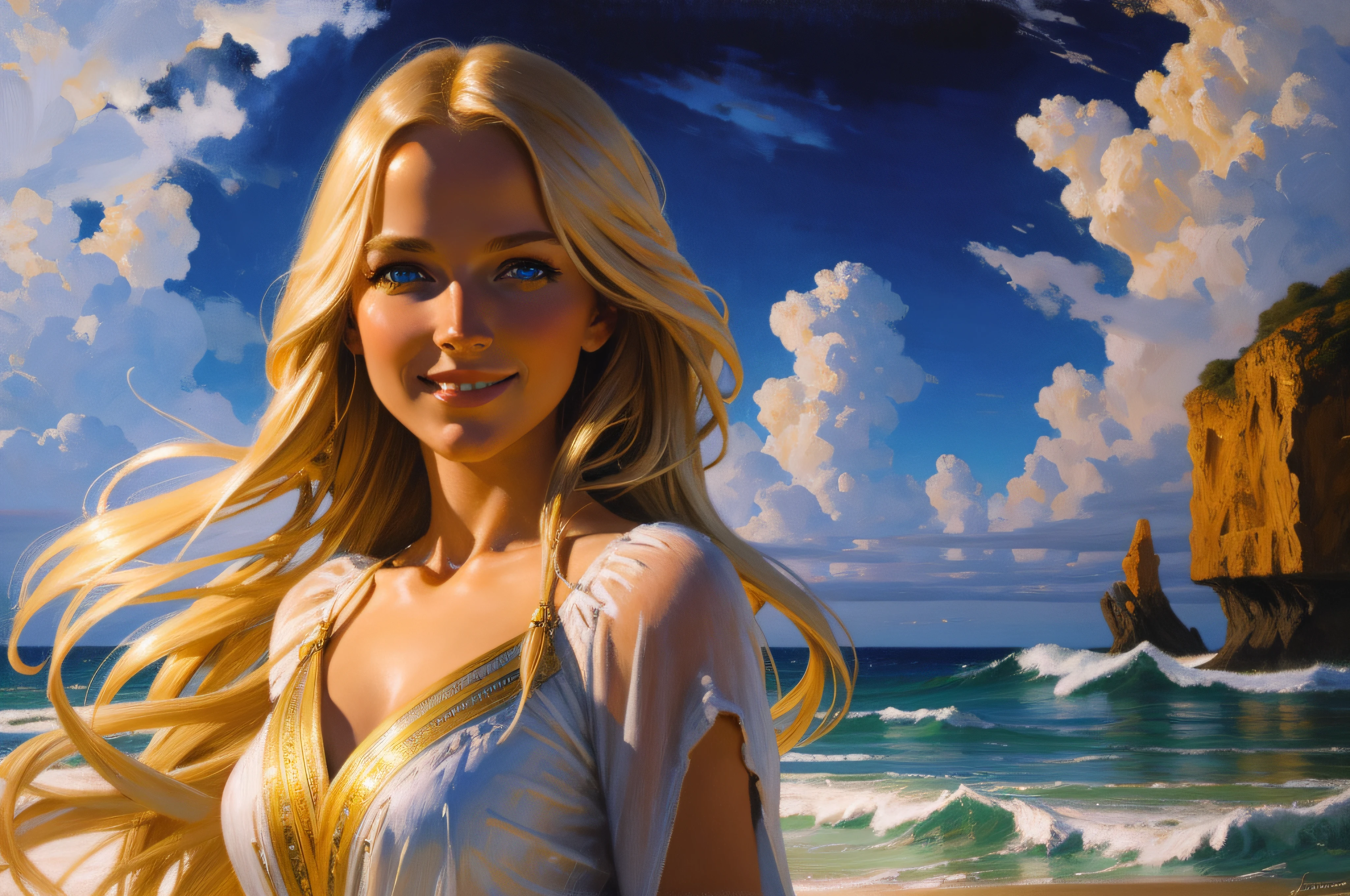 Happy relaxed Smiling young beautiful Blonde woman, at the sea, by sunset, white thin summer dress, golden blond long hair flowing in the wind, blue eyes, oil on canvas, oil painting, James Gurney, close up, smooth, hyper detailed, natural looking, life like, photo realistic, maximalist, wallpaper, masterpiece, 32k resolution, hyper realistic, best quality, ultra quality, Epic, cinematic, brilliant, stunning, intricate, meticulously detailed, dramatic, atmospheric, digital matte painting, colorful, bright colors, complementary colors, golden hour, volumetric lightning, high contrast, super detailed face, romantic vibe