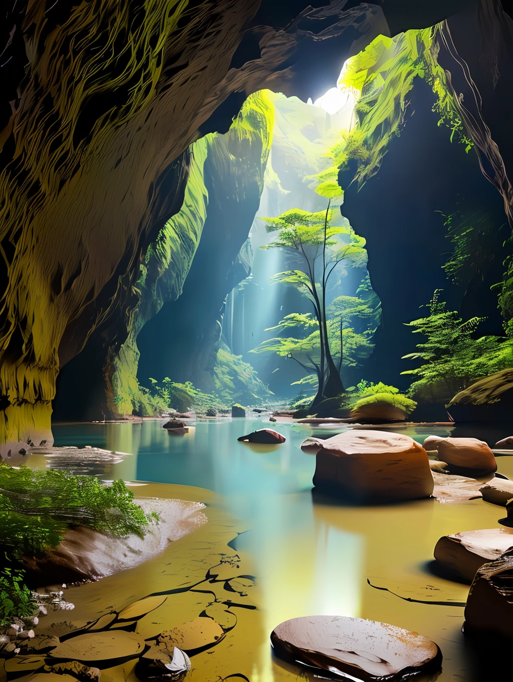 （Realistic main painting、Ultimate detail、Bottomless pit、Extreme light and shadow effects、Underground river in the cave、The depth of field is full、Rich layers、detail-rich、Cave luminous plants、Sparkling water surface、8K screen）