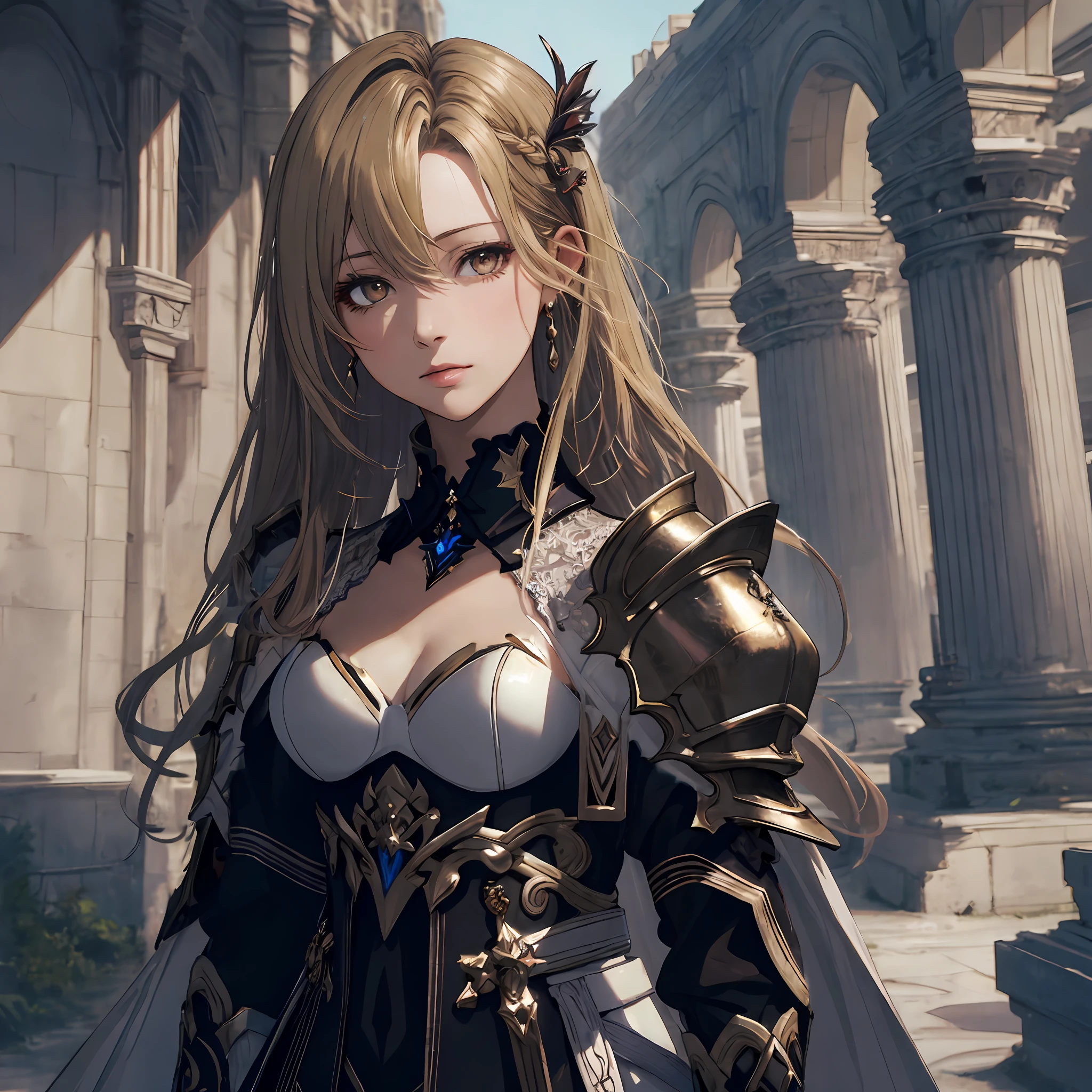 masterpiece, best quality, 1woman, adult, female focus, solo, blonde hair, long hair, vibrant brown eyes, looking at viewer, High quality metal texture, closed mouth, bangs, high collar,(kbxll:0.6), Fantasy aesthetics, Highly detailed, shadowverse style, white attire. white armor