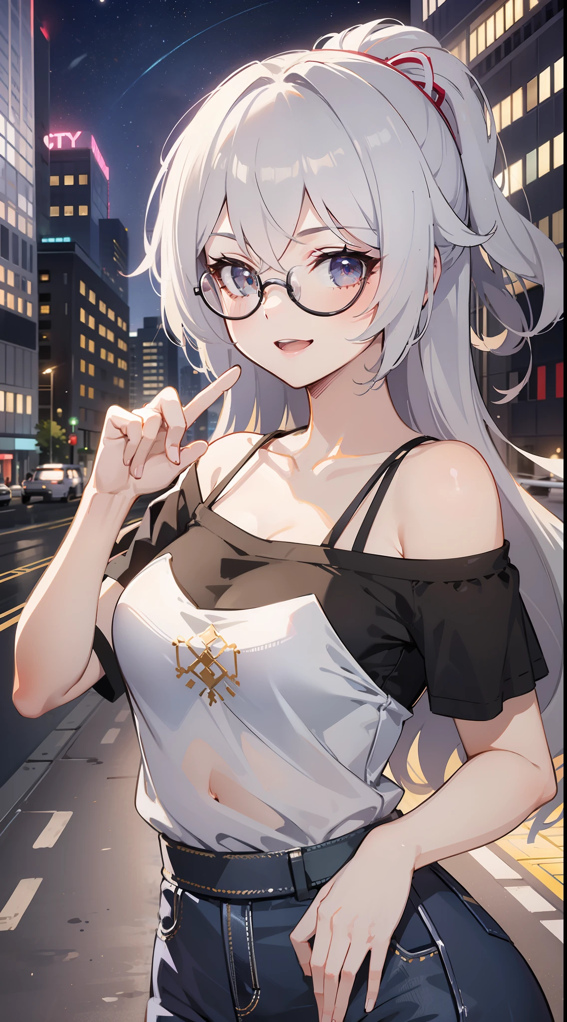 (city street background:1.5), seductive pose, wink, (Focus on upper body:1.2, until hips), ((Bronya:1.3),(silver hair:1.2),(drill hair:0.9)), 45 degree from viewer, seductive pose, looking at viewer, smiling, open mouth, frameless eyeglasses, full moon on sky, sky full of stars, casual clothes, t-shirt, tight t-shirt, open shoulder