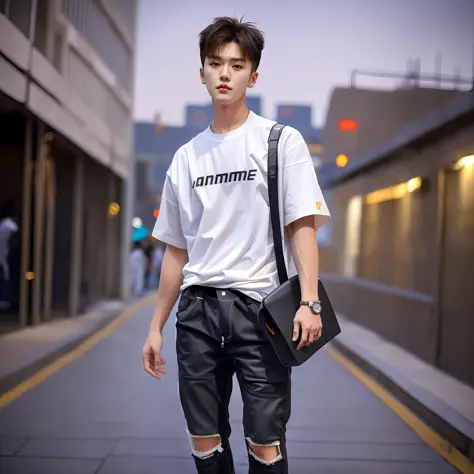 Fanatical men in white shirts and ripped jeans walk down the street, South Korean male, japanese streetwear, streetwear fashion,...