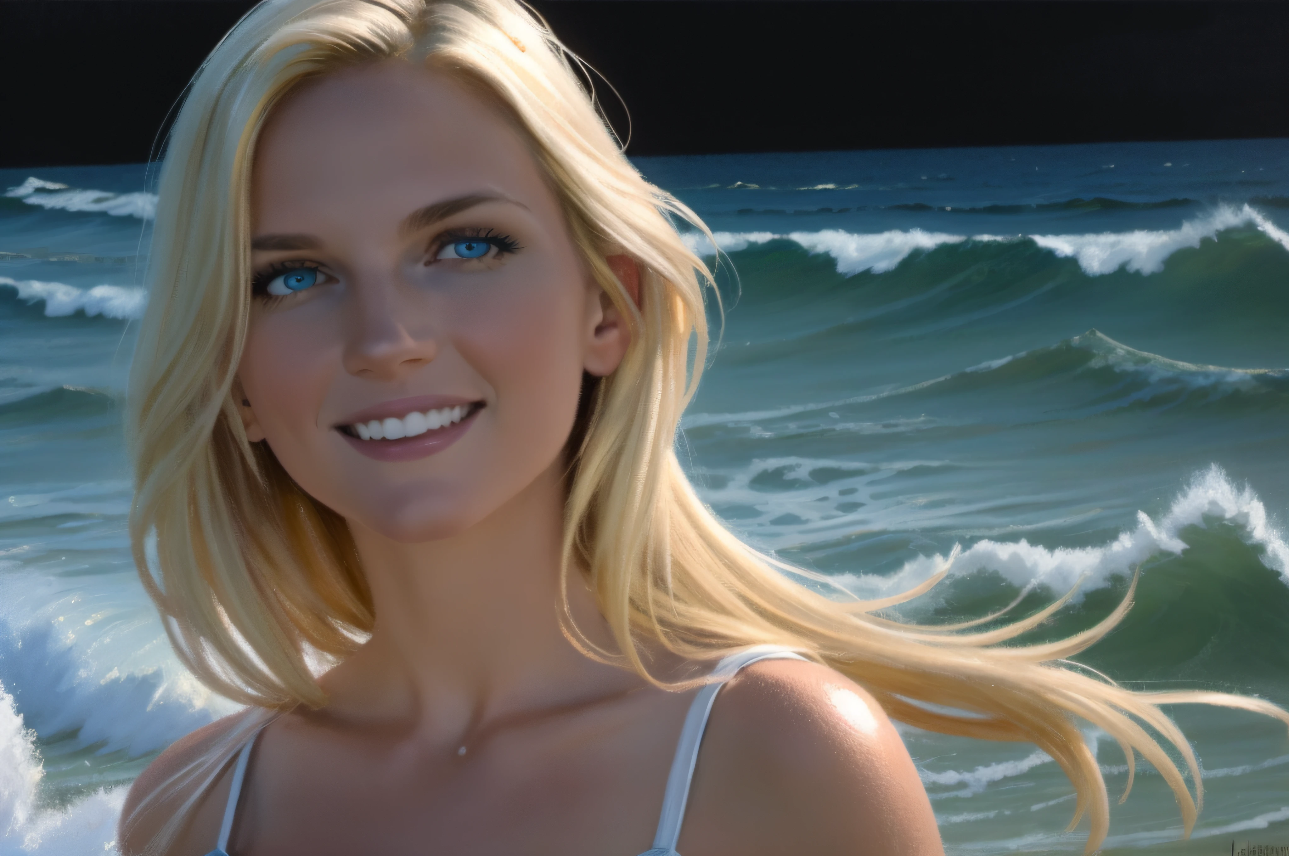 Head and shoulders portrait, Happy Smiling young beautiful Blonde woman, at the sea, by sunset, white thin summer dress, golden blond long hair flowing in the wind, blue eyes, oil on canvas, oil painting, James Gurney, smooth, hyper detailed, natural looking, life like, photo realistic, maximalist, wallpaper, masterpiece, 32k resolution, hyper realistic, best quality, ultra quality, Epic, cinematic, brilliant, stunning, intricate, meticulously detailed, dramatic, atmospheric, digital matte painting, colorful, bright colors, complementary colors, golden hour, volumetric lightning, high contrast, super detailed face, super detailed hair, romantic vibe, a beautiful summer evening at sunset, ocean waves and sun setting in background