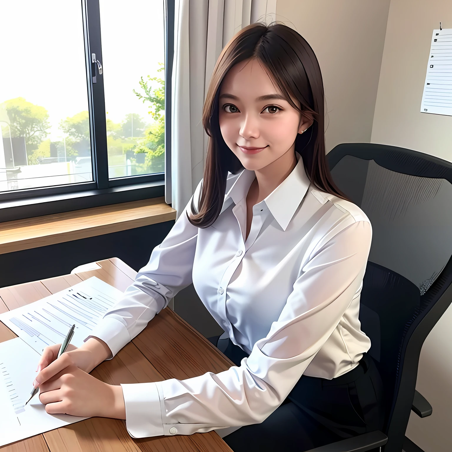 strong sunlight, (window), outside trees visible BREAK
adult female, white collar shirt, looking at camera, smiling, writing notes, desk, papers, (high resolution, photo:1.2)